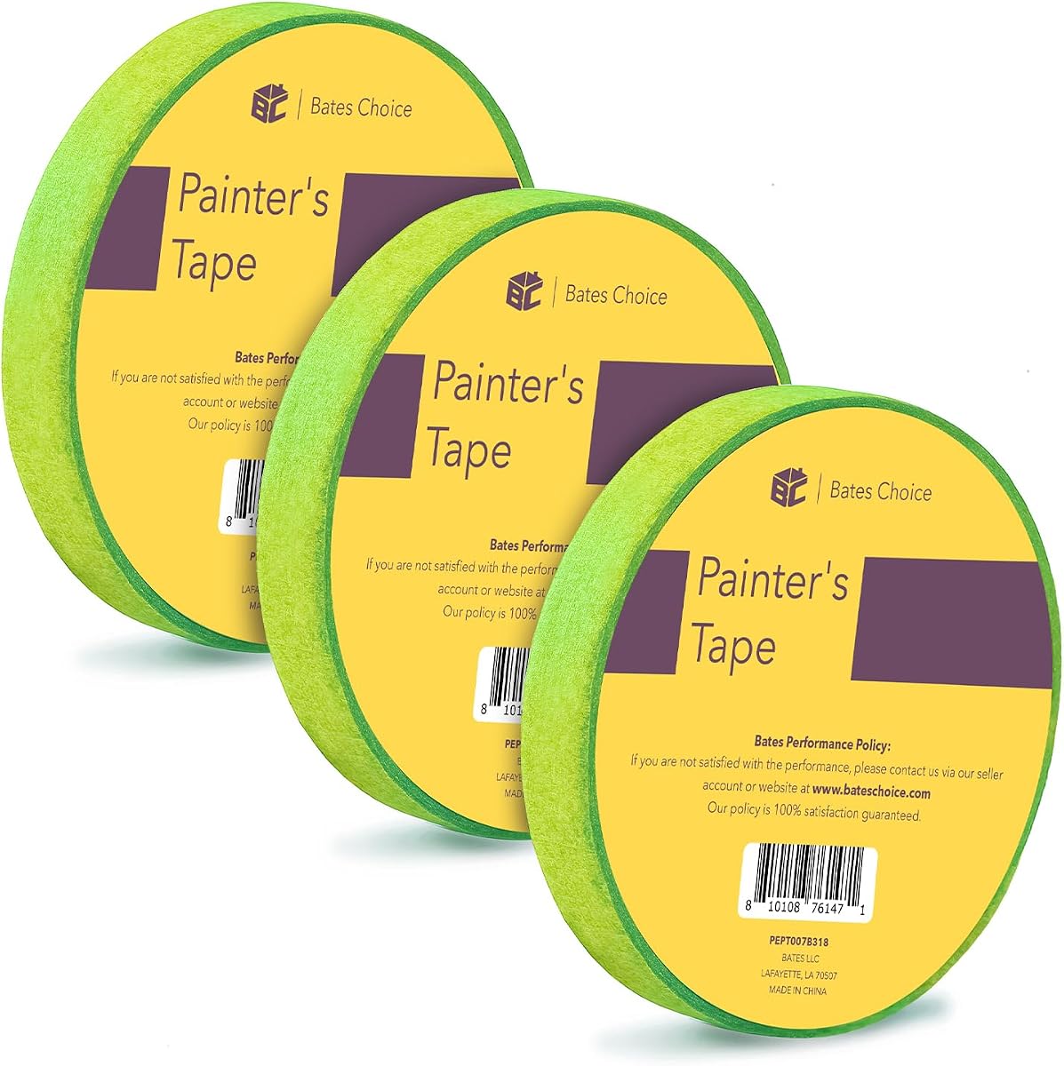 Bates Painters Tape, 0.7-Inch, 54 Yards/Roll, 3 Pack, Green, Masking Tape, Paint Tape for Walls