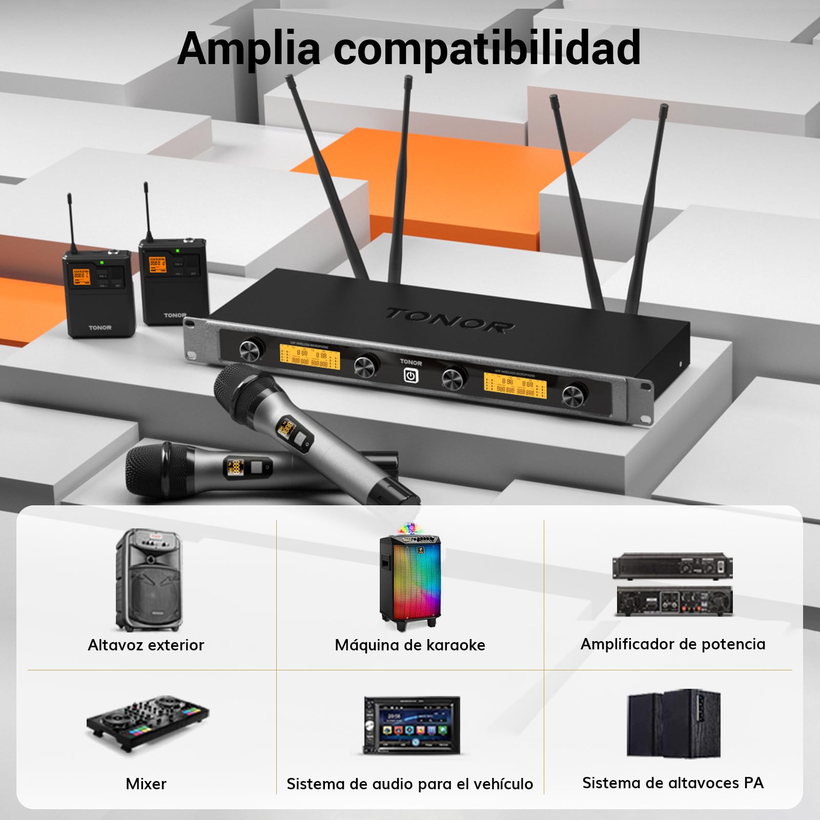 TONOR Sistema de Microfono Inalámbrico UHF, Micrófono de Mano/Auriculares/Lavalier, Transmisor de Bolsillo, Receptor Metálico de 4x5 Frecuencias, Alcance de 90m para Karaoke en Iglesias, 4 Canales