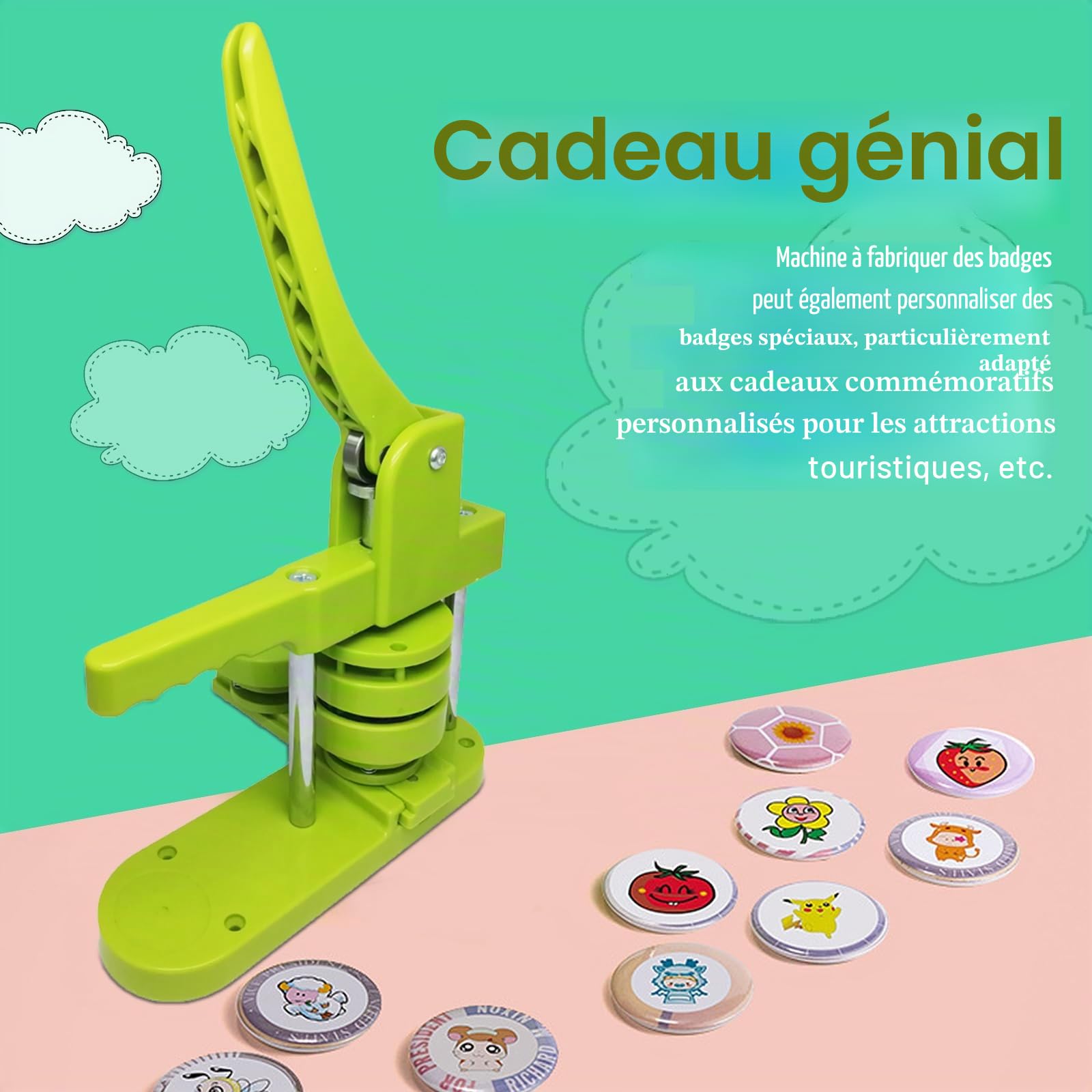 Machine à boutons 58 mm/32 mm/25 mm, machine à fabriquer des boutons avec 300 pièces de badge, presse à badges DIY push-pull pour la fabrication d'épingles cadeaux DIY