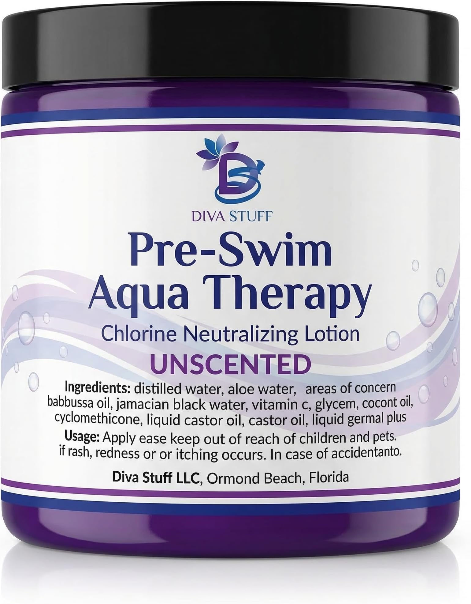 Diva Stuff Pre-Swim Aqua Therapy Chlorine Neutralizing Body Moisturizing Lotion for Swimmers, Protects Skin from Chlorine & Salt Water, 8 oz - Made in the USA, Unscented