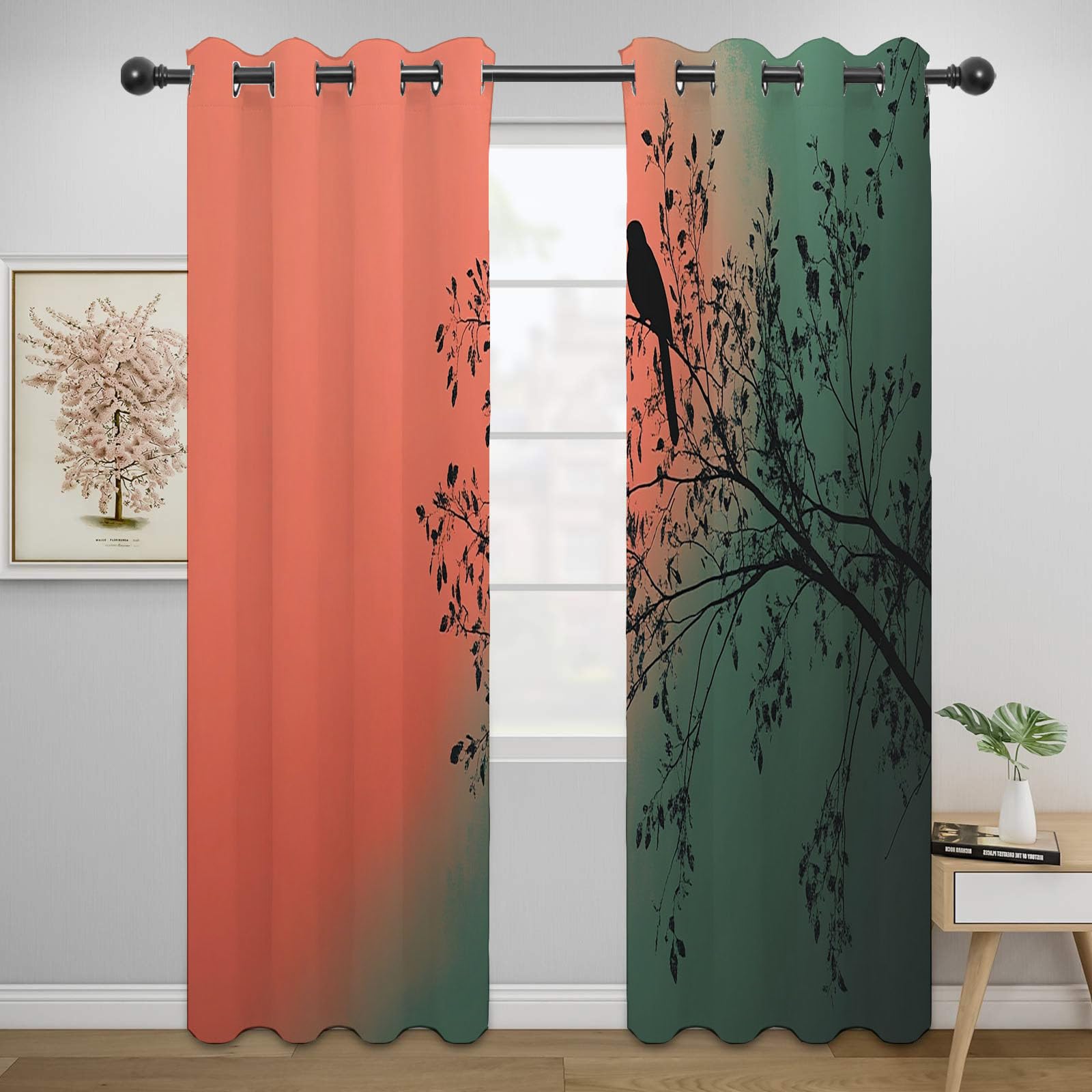 Boho Vintage Blumen Vorhänge Einfache Naturpflanzen Muster mit Ösen in Grau Schlaufenschal 2er Set für Wohnzimmer Schlafzimmer Kinderzimmer-H230 x B130 cm (2er Pack)