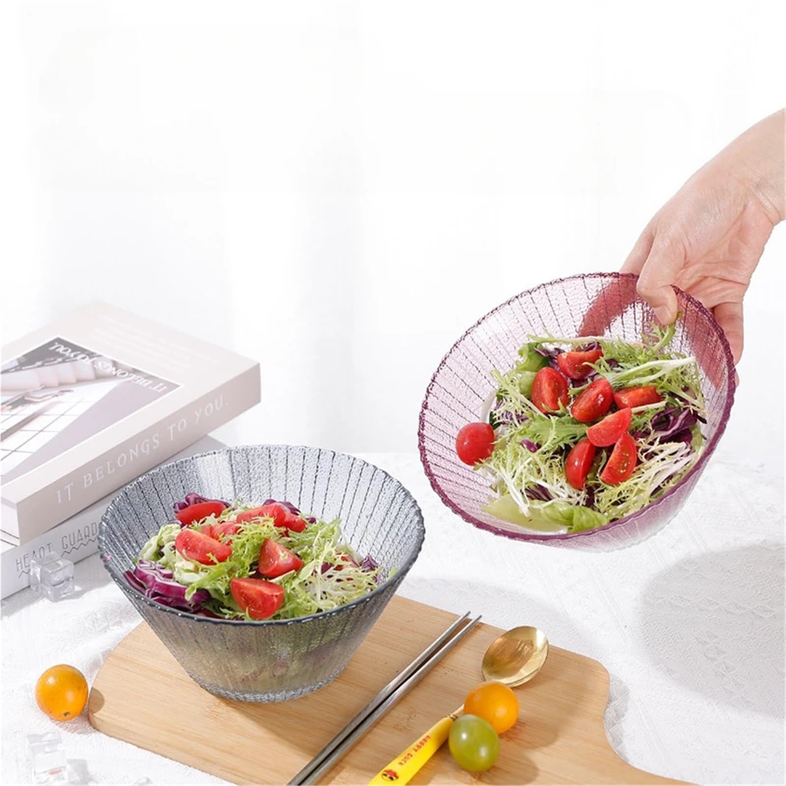 Insalatiera Ciotola di Vetro Resistente al Calore a Grana Verticale Stoviglie da Cucina Domestica Alto Livello di Aspetto Insalata Piatto di Frutta Ciotola di Noodle(Gray)