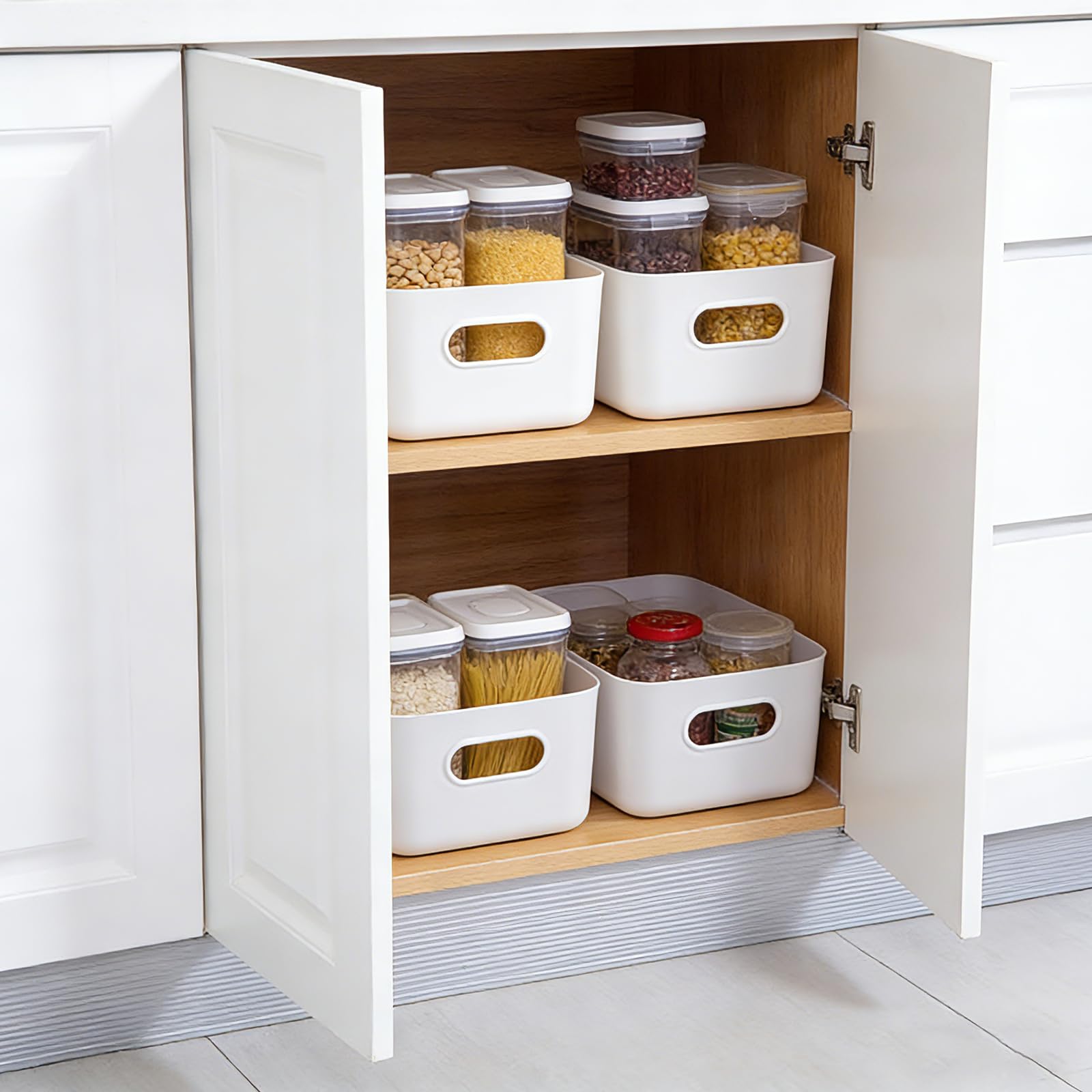 8 pezzi Cestini Portaoggetti Plastica Bianco,30x20x12 cm Scatola portaoggetti in plastica con manici, Box conservazione,organizer desktop per Cucina, Armadio, Ufficio, Bagno