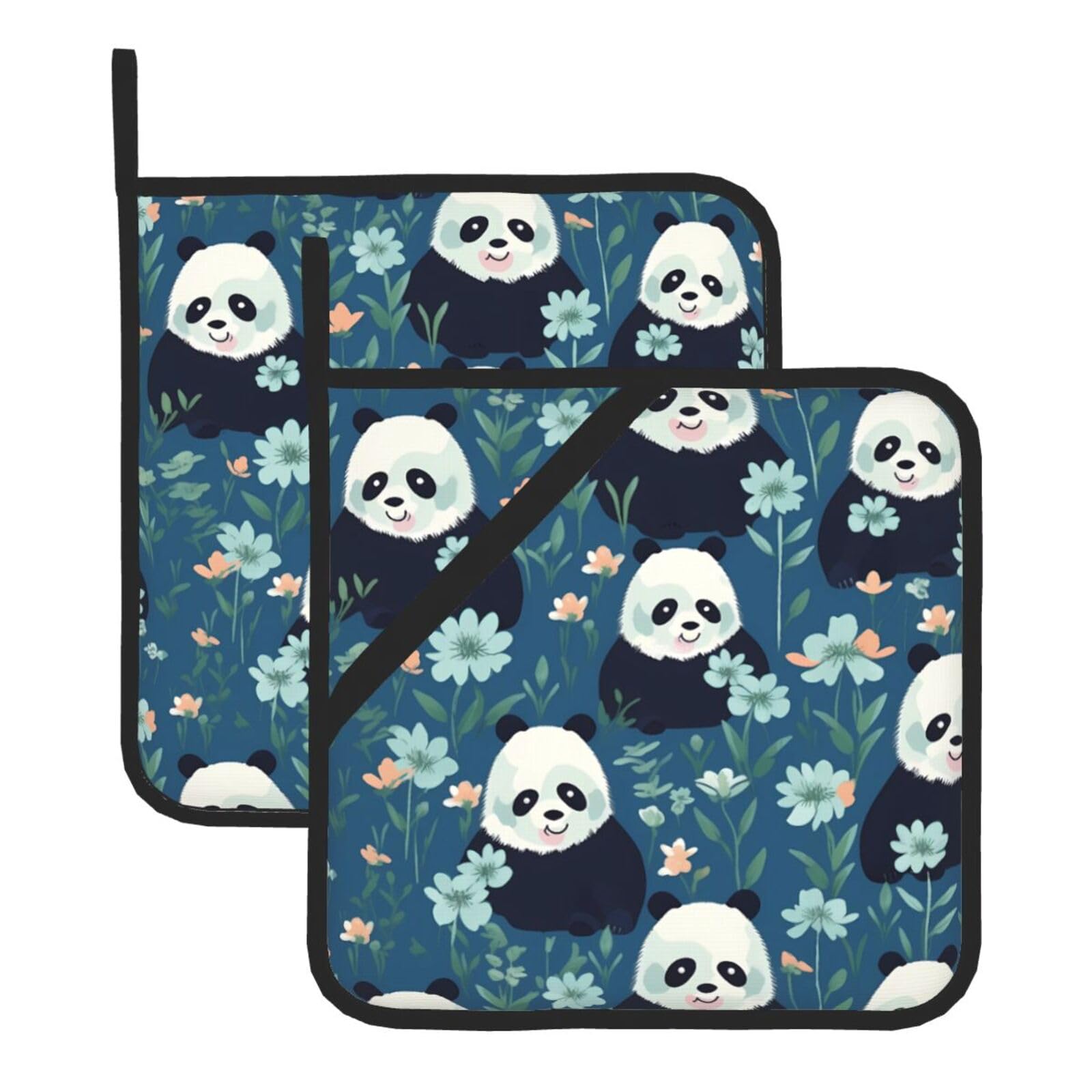 HJFCZH Panda Pattern Printed Square Insulated Pot Mat Set (2-Piece) 8x8in Waterproof, Thickened & Easy to Clean with Lanyard Design for Kitchen, Oven & BBQ