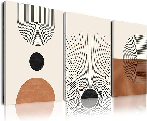 Juego de 3 arte de pared bohemio verde salvia, pintura minimalista enmarcada de líneas geométricas en lienzo verde sol, decoración moderna de