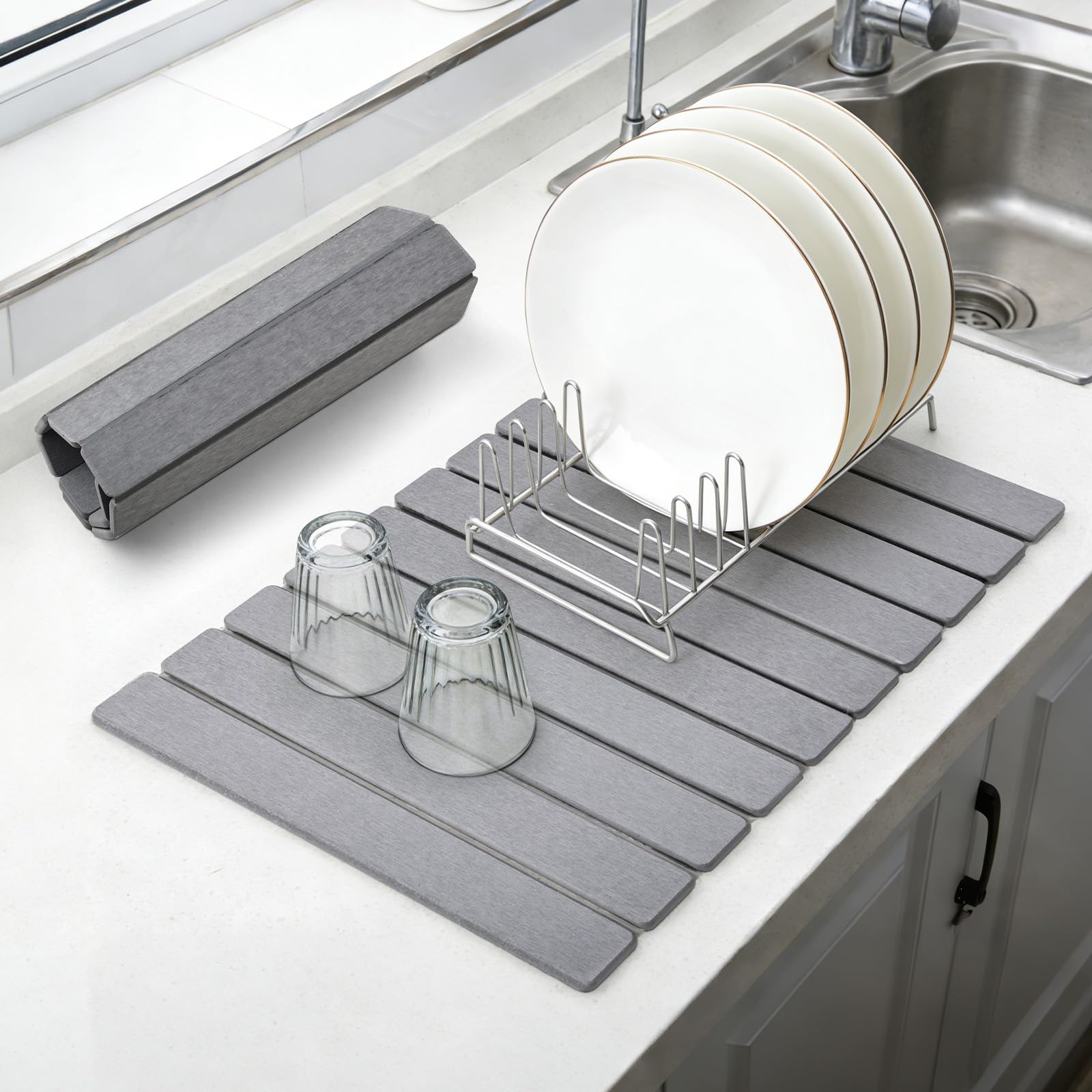 comfoyar Large Stone Dish Drying Mat for Kitchen Counter, 60×39cm Quick Dry Diatomaceous Earth Dish Drainer Mat, Water Absorbing Pad for Dishes Bottles Cups Utensils, Foldable, Grey