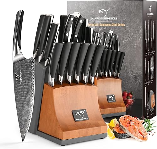 Juego de cuchillos de cocina Damasco de 9 piezas con bloque juego de cuchillos para cocina juego de cuchillos de madera natural mango ergonómico ABS