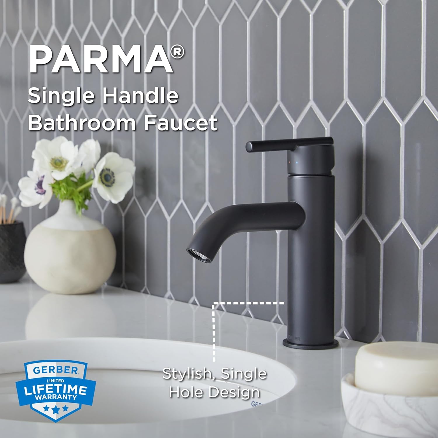 Parma 1H Lavatory Faucet w/Metal Touch Down Drain & Optional Deck Plate Included 1.2gpm, Satin Black​