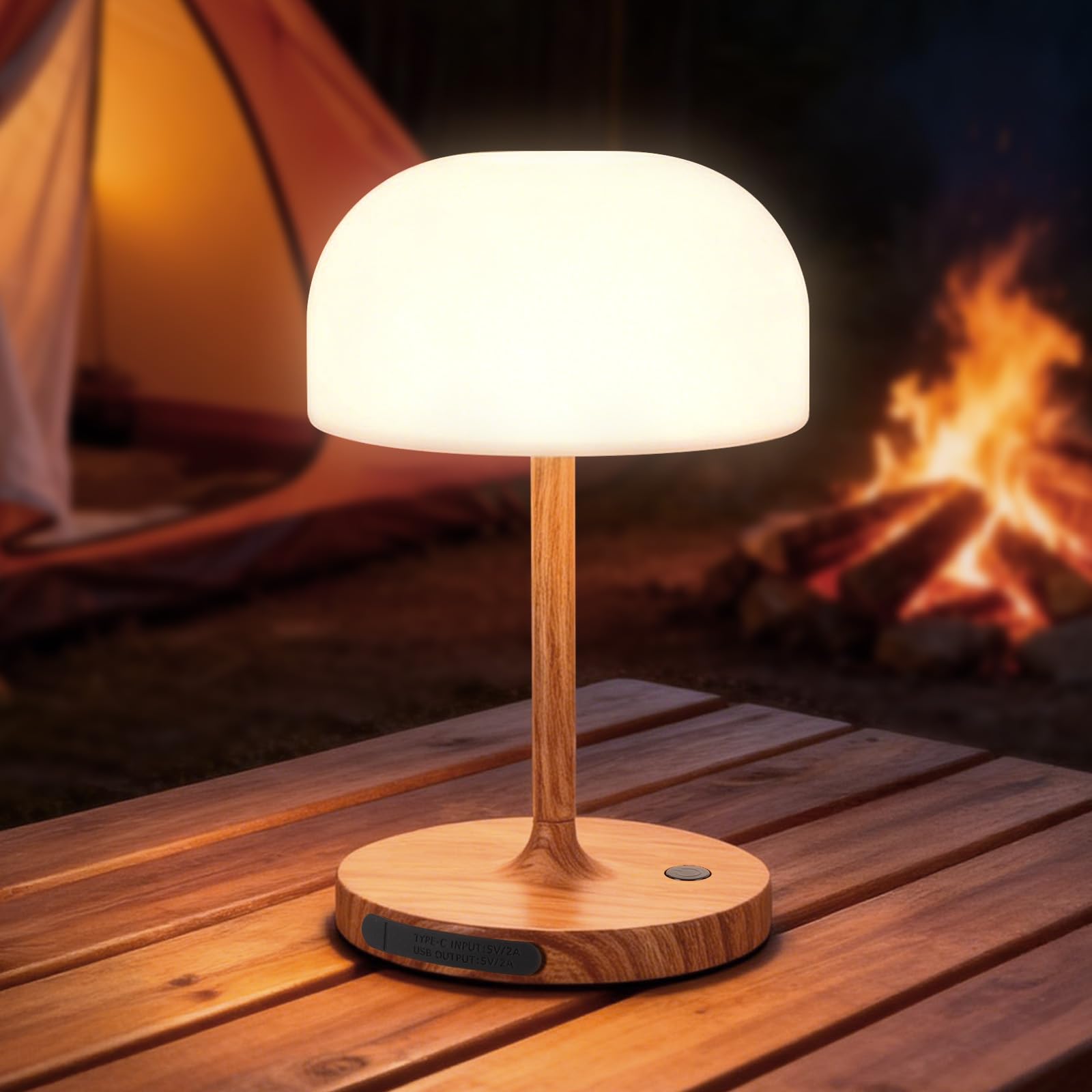 Lampara de Mesita de Noche, Lámpara de Mesa Sin Cable, Luz LED Recargable con Pantalla Redonda, Iluminación Táctil Para Uso en Interiores/Exteriores Baños y Salones - Acabado en Madera
