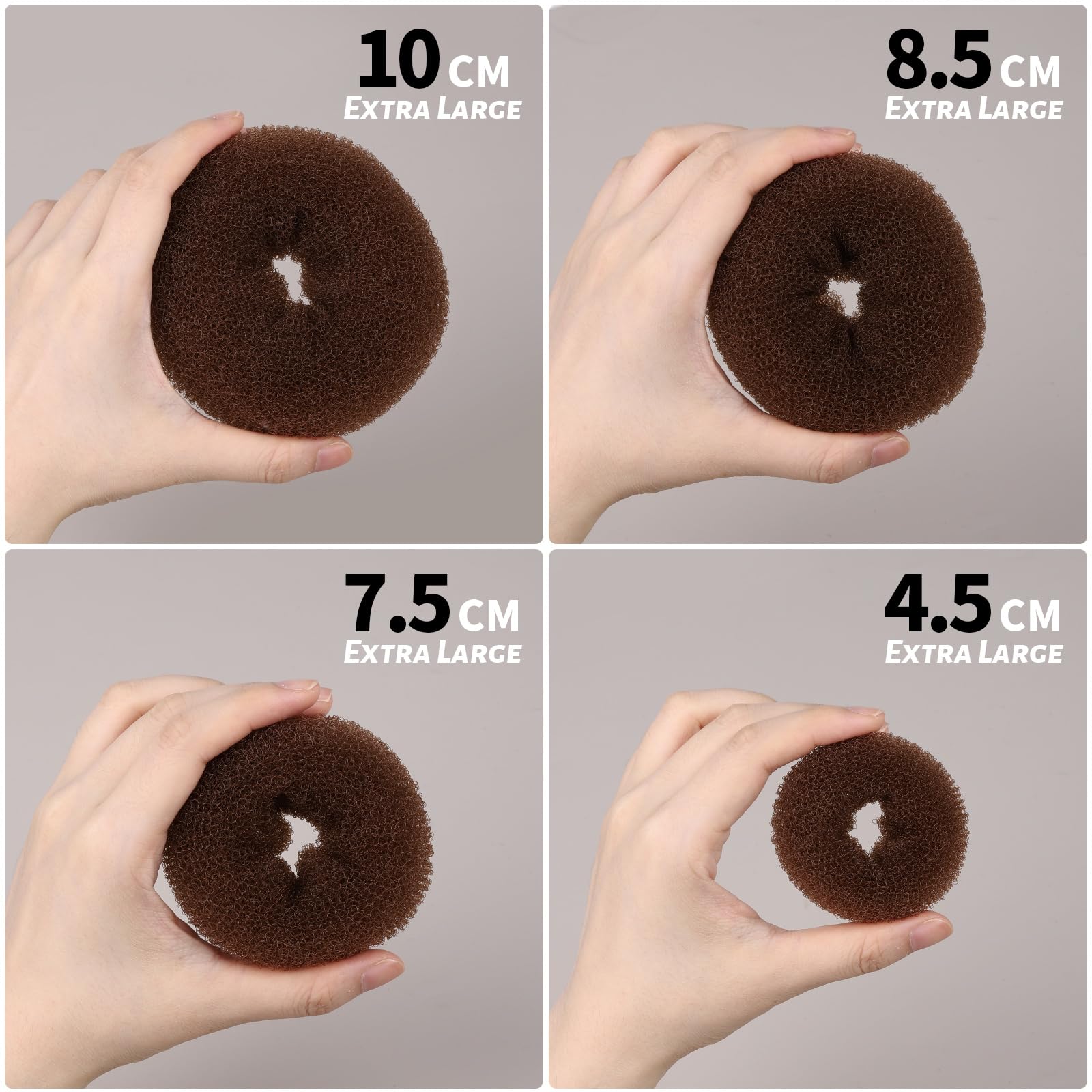 Juego de 7 donas de pelo para moños (1 extragrande, 2 grandes, 2 medianas y 2 pequeñas), 10 redes invisibles para moños, 20 alfileres, 5 lazos elásticos para el cabello, color negro, máquina 3