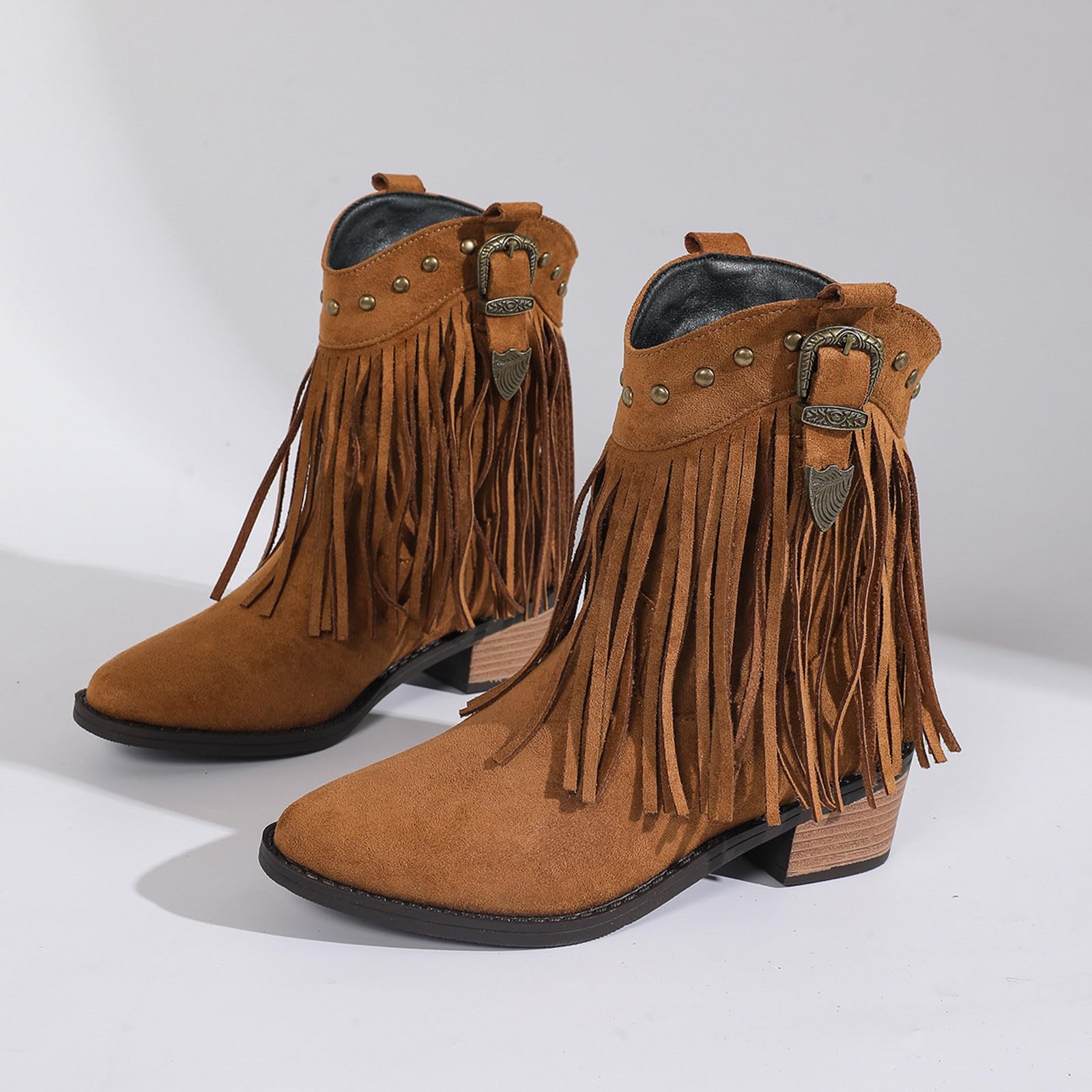 Generisch Damen Cowboystiefel Wildleder Halbstiefel Knöchelhoch Westernstiefel Spitz Niedrig Absatz Stiefel Perforierte Wildleder Halbstiefel Damenschuhe Lange Stiefel