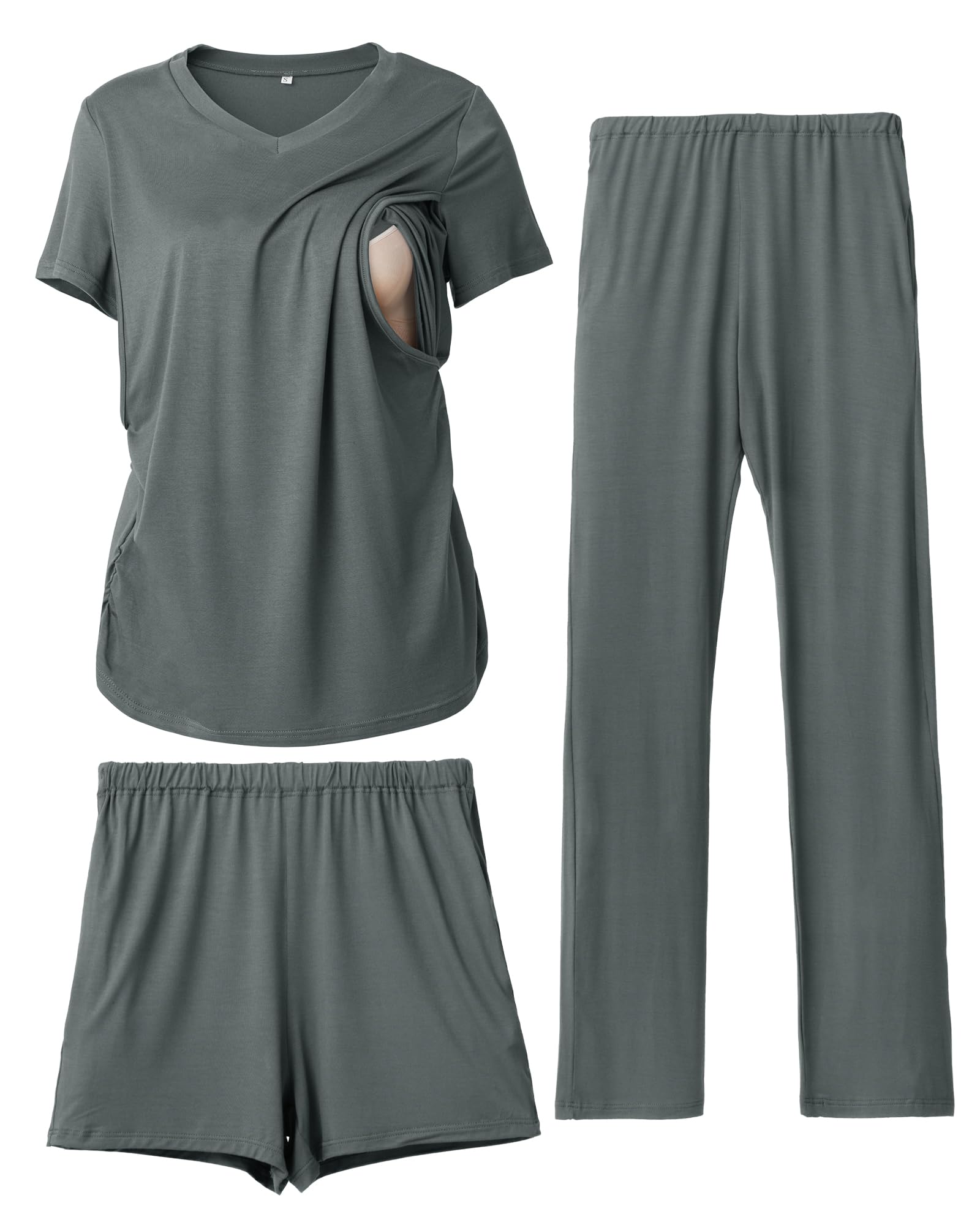 Rnxrbb 3 Piece Women's Maternity Nursing Pajamas Set V Neck Breastfeeding Pjs Sleepwear Postpartum Shorts&Pants Pockets
