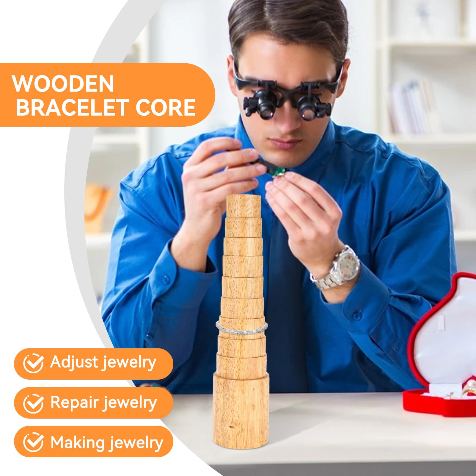 Cyrank Wooden Step Bracelet Mandrel, 10 Tier Round Shape Bangle Sizing Adjuster Wire Wrapping Tool Jewelry Making Tools Wood Jewellery Deformation Repair Tool