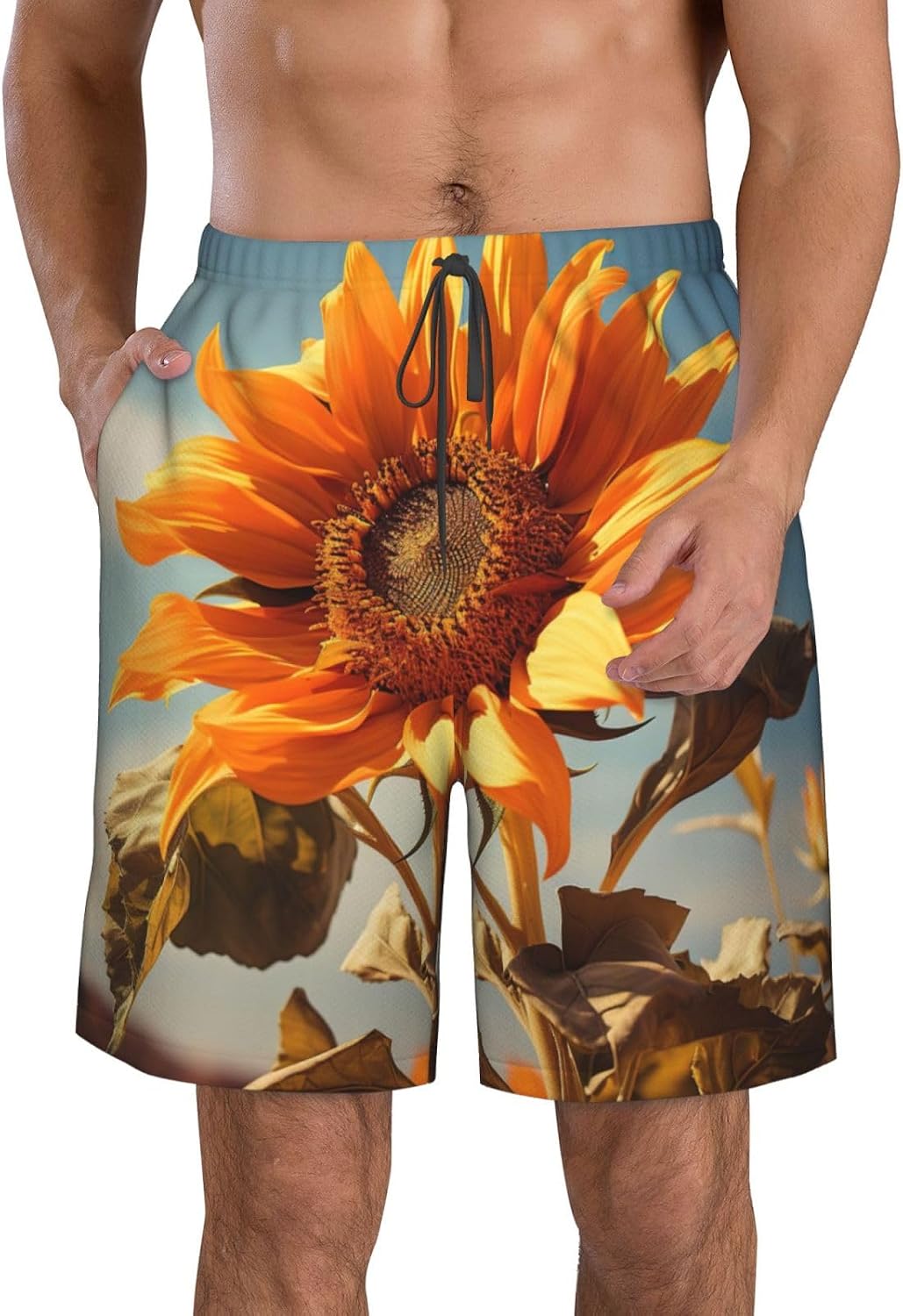 Beautiful Sunflower Print Men's Quick-Drying Shorts Casual Beach Pants Stretch Waist Shorts and Pockets