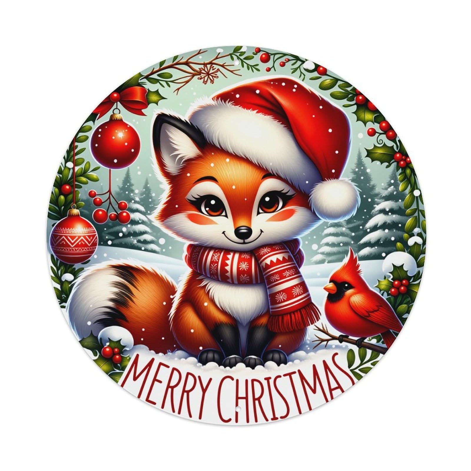 Fox Christmas Cardinal Snowflake Ornament Round Tin Sign Vintage Metal Poster, Home Bar Garage Man Cave Cafe Indoor & Outdoor Wall Decoration 8x8Inches