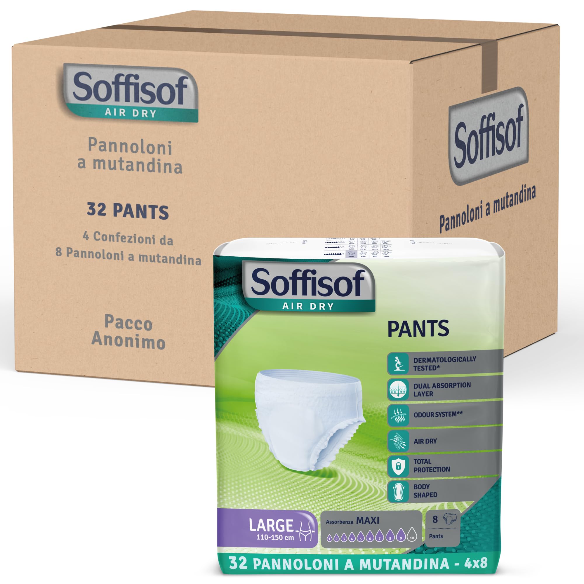 Soffisof Air Dry Pants Maxi L - 32x Pannoloni per Anziani a Mutandina - 4 Confezioni da 8 Pannoloni Notte Super Assorbenti Donna e Uomo - Pants Adulti 9 Gocce - Large (110-150 cm)