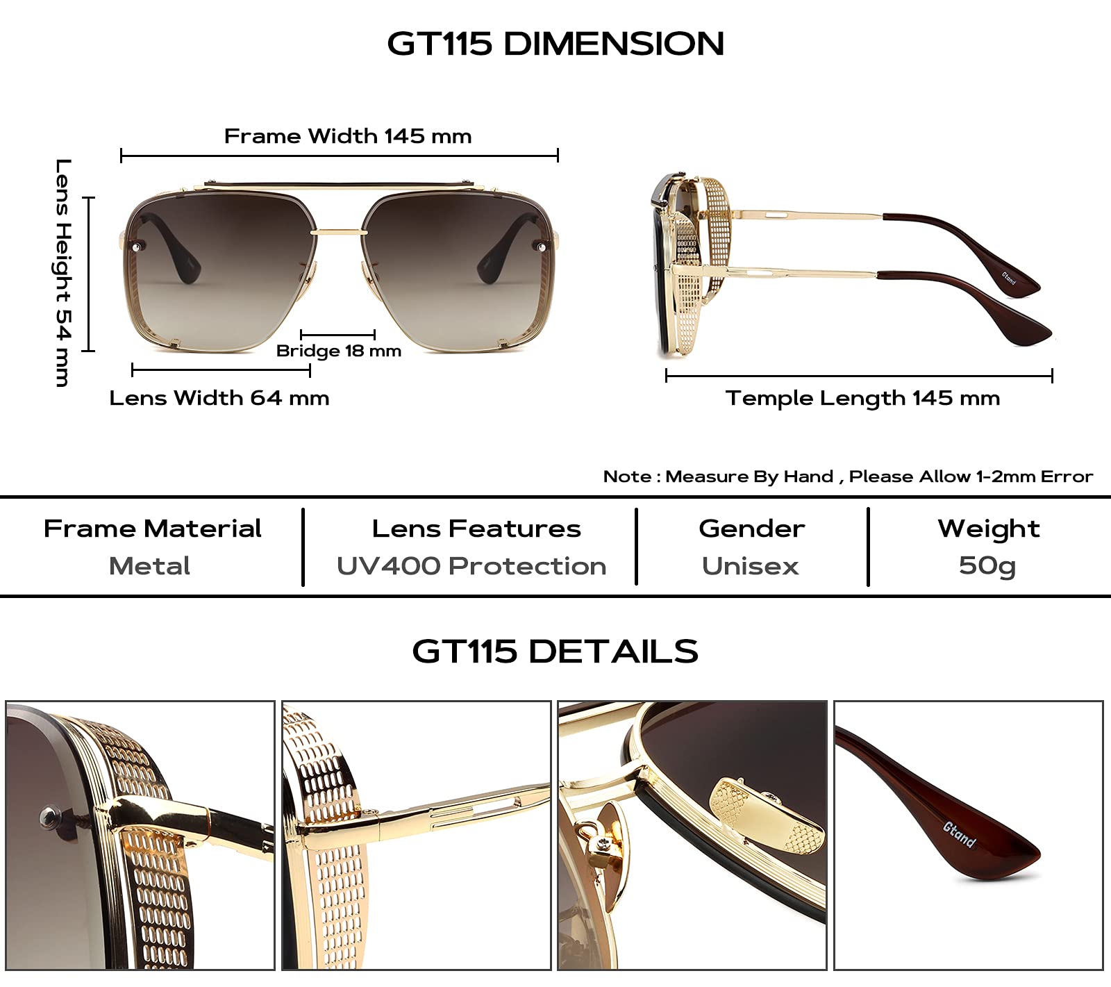 Gtand Modische übergroße quadratische Piloten-Sonnenbrille für Herren, Vintage-Stil, Metall-Seitenschutz, Steampunk-Sonnenbrille, 64 mm