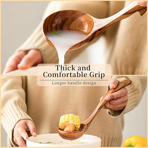 Miniatura 5 de Gudamaye Juego de cucharones de sopa de madera de 3 tamaños, 3 ganchos para tazón, olla. Cucharón de madera de teca natural, cucharón grande de sopa