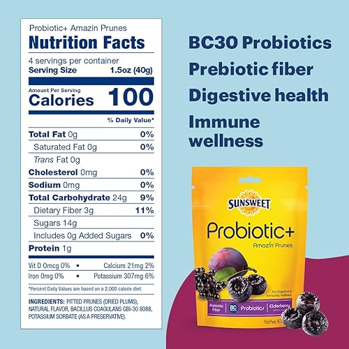 Miniatura 2 de Sunsweet Ciruelas pasas sin hueso con probióticos, sin azúcar, secas, sin gluten y sin sulfuro, sabor natural de saúco, fibra y minerales, 6 onzas,