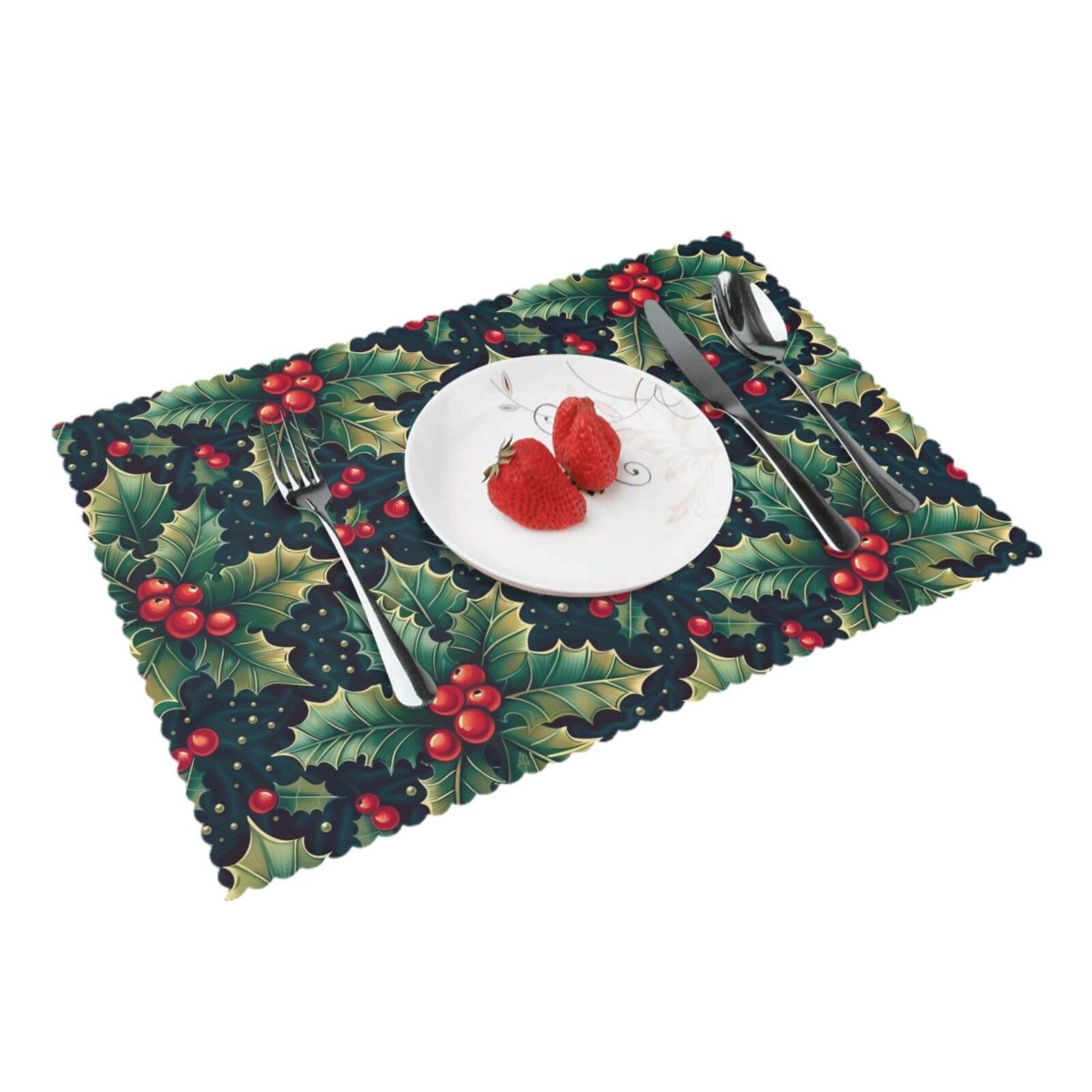 Holly Leaves Berries Pattern(1) Placemats Set of 4 Print Table Mats Place Mats Table Decor for Kitchen Dining 12X18 in