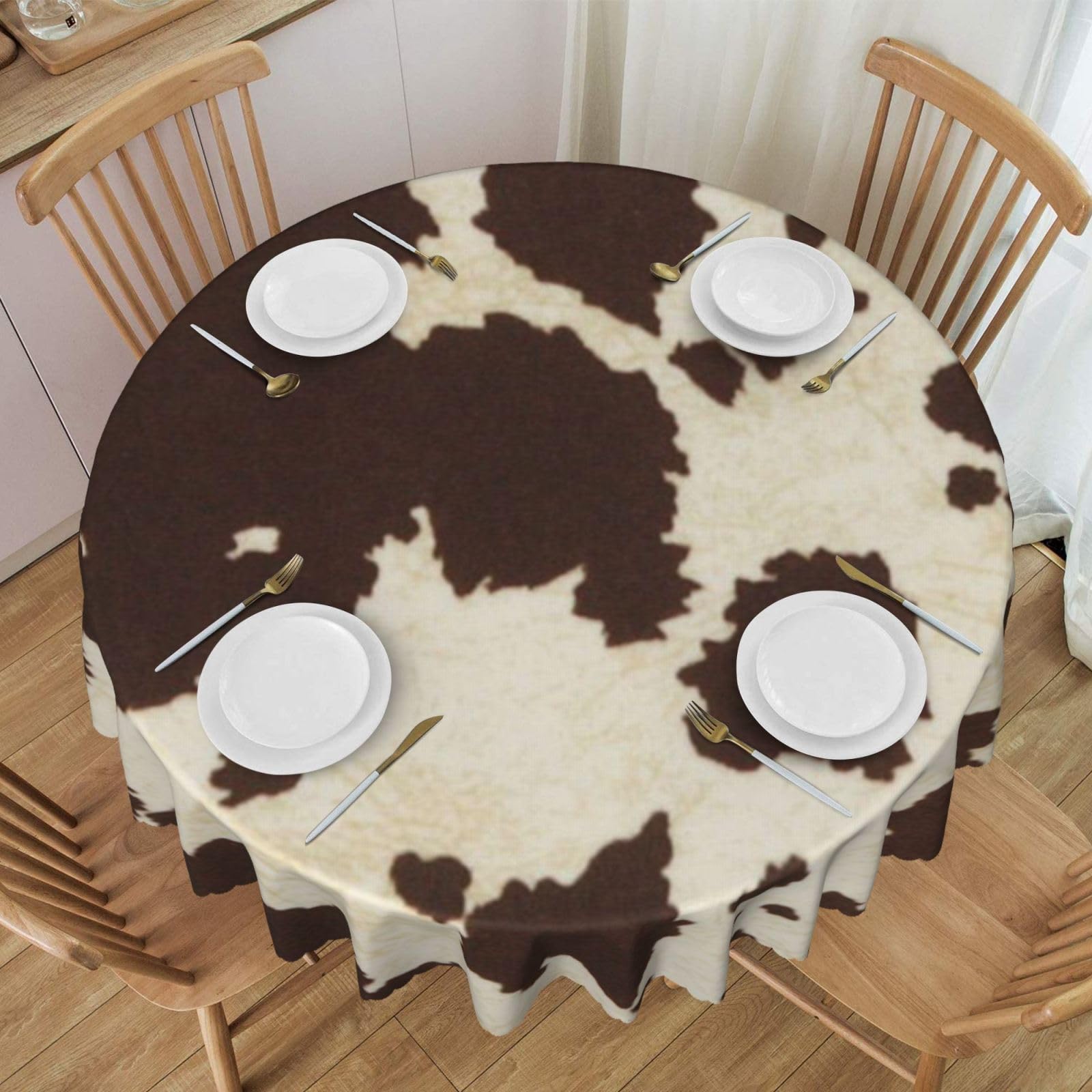 DCEHGEW 60 In Round Tablecloth with Lace, Cow Fur Print Printed Oilproof & Washable Fabric Picnic Table Cloth Table Covers