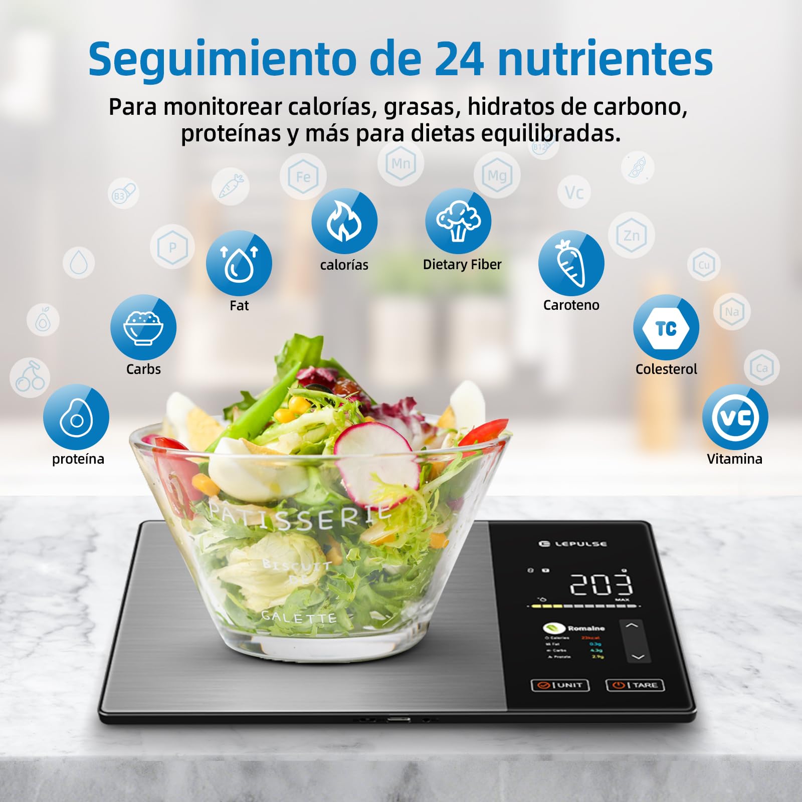 Báscula digital de cocina con cálculo nutricional, báscula de alimentos con 24 análisis nutricionales, báscula nutricional de acero inoxidable de 5 kg, pantalla TFT a color, 50 offline y análisis de