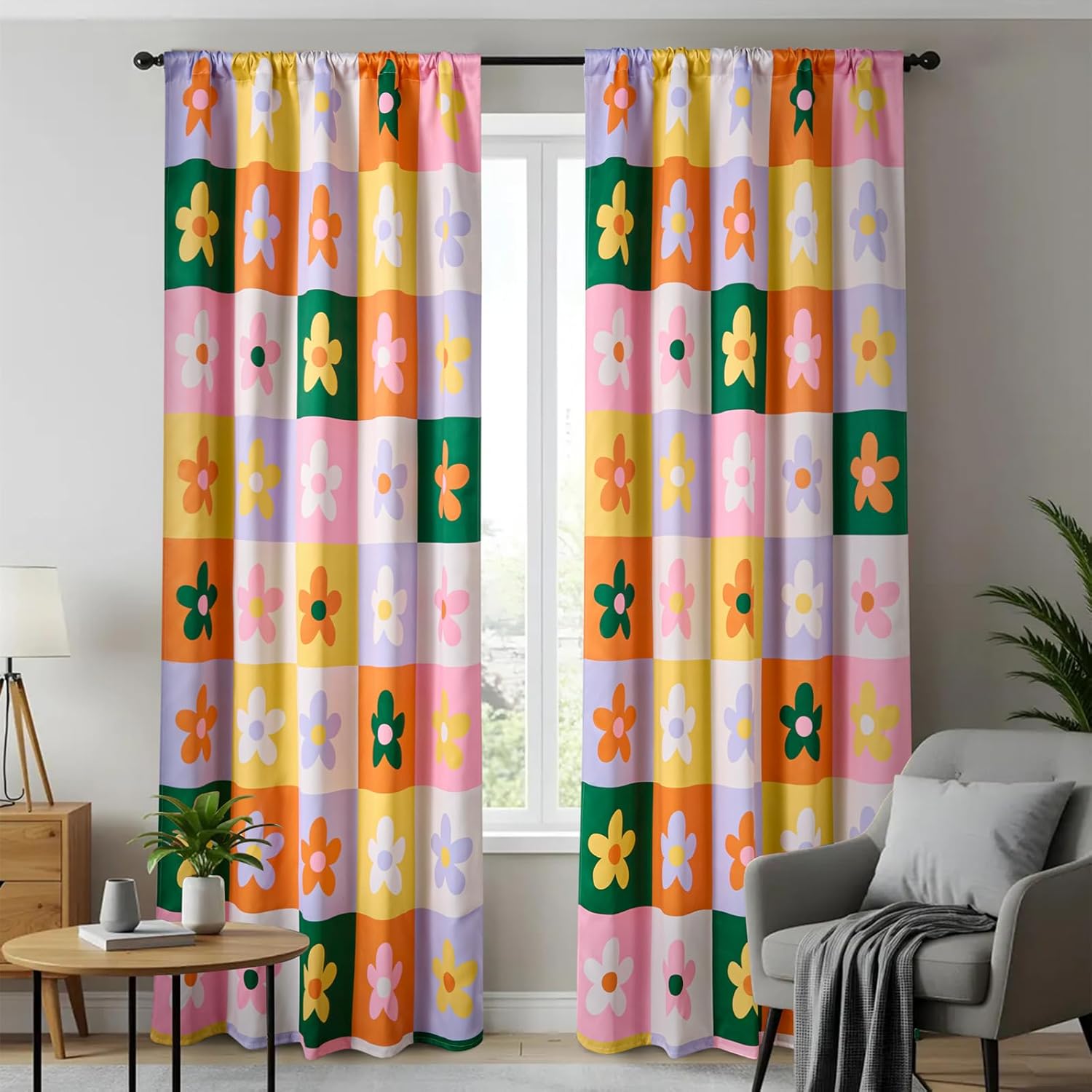 RoomTalks Checkered Floral Blackout Window Curtains for Bedroom Living Room 84 Inches Length 2 Panels, Colorful Retro Daisy Flowers Cute Curtain Panels Funky Aesthetic Dorm Window Drapes