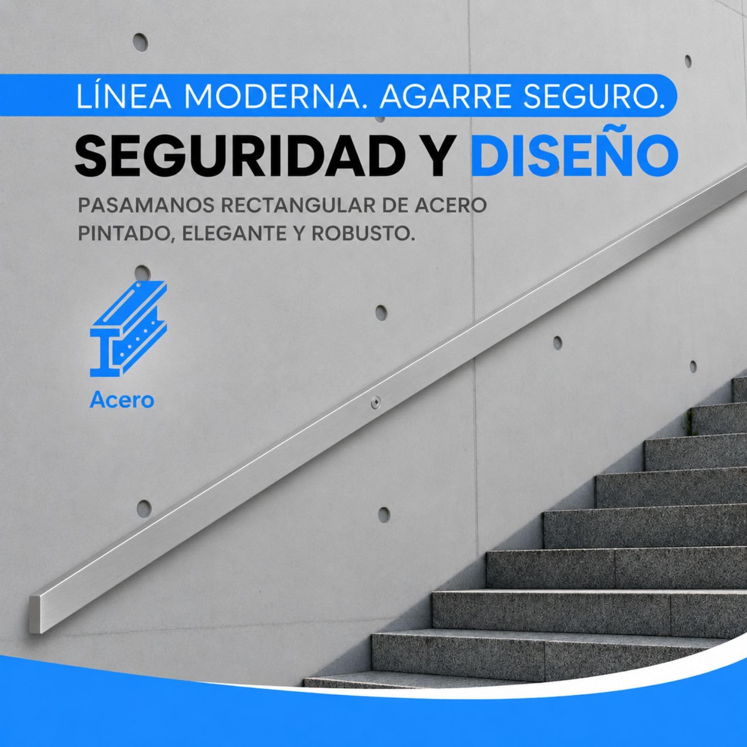 Pasamanos rectangular de acero inoxidable, 40 x 20 mm, gris