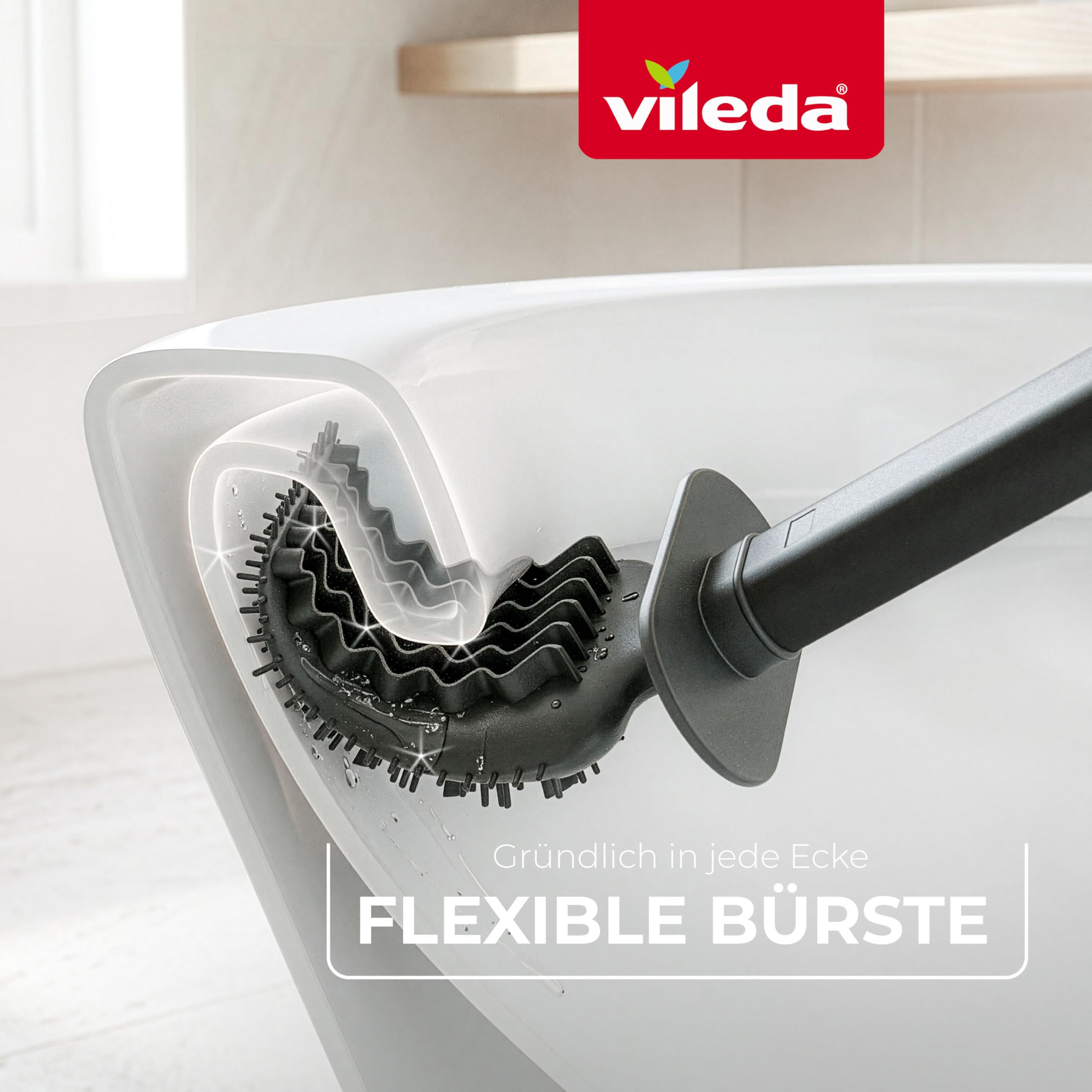 Vileda Silikon Toilettenbürste mit Flexkopf und Edelstahlgriff - WC Bürste mit 2-in-1 Reinigungszonen - Hygienisch geruchsgeschützt rostfrei schnell trocknend langlebig und sofort einsatzbereit