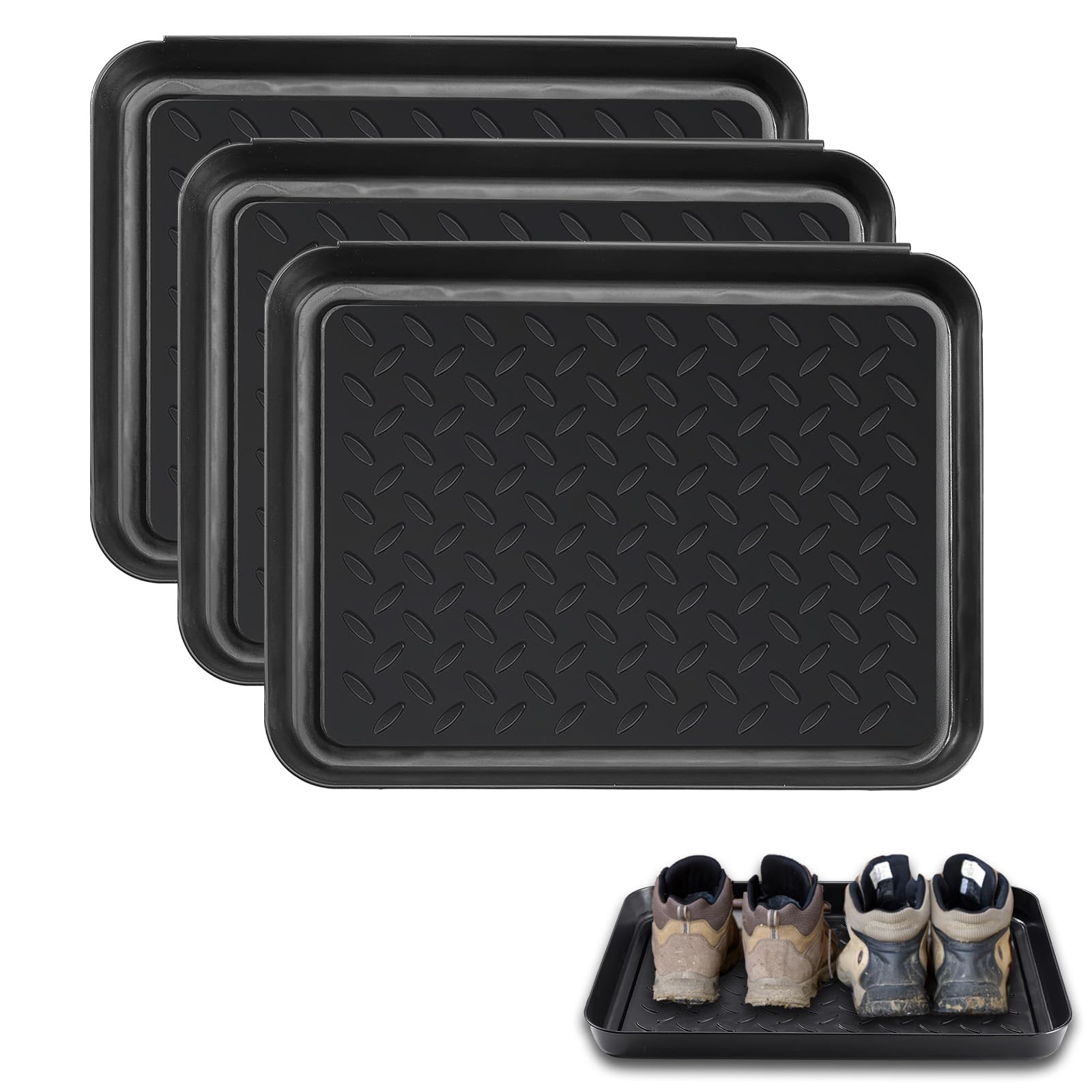 Tiusixsy 3er Set Schuhabtropfschale, Schuhmatte Abtropfmatte aus Kunststoff für Schuhe, 35×27,5×3 cm Schuhablage mit erhöhtem Rand,Schuhwanne für Innen & Außen, Schwarz