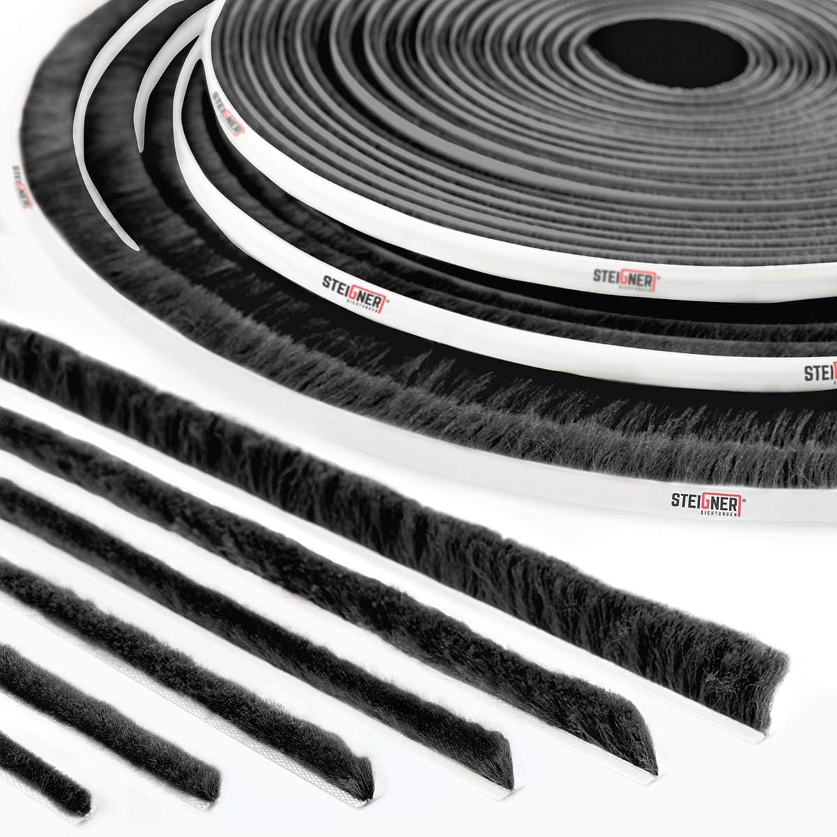 STEIGNER Bürstendichtung selbstklebend Schwarz 6 mm x 5 m - Robuste Türdichtung für Schiebetüren, Kleiderschränke, Möbel - Türbürstendichtung, Staubschutz, Geräuschdämmung