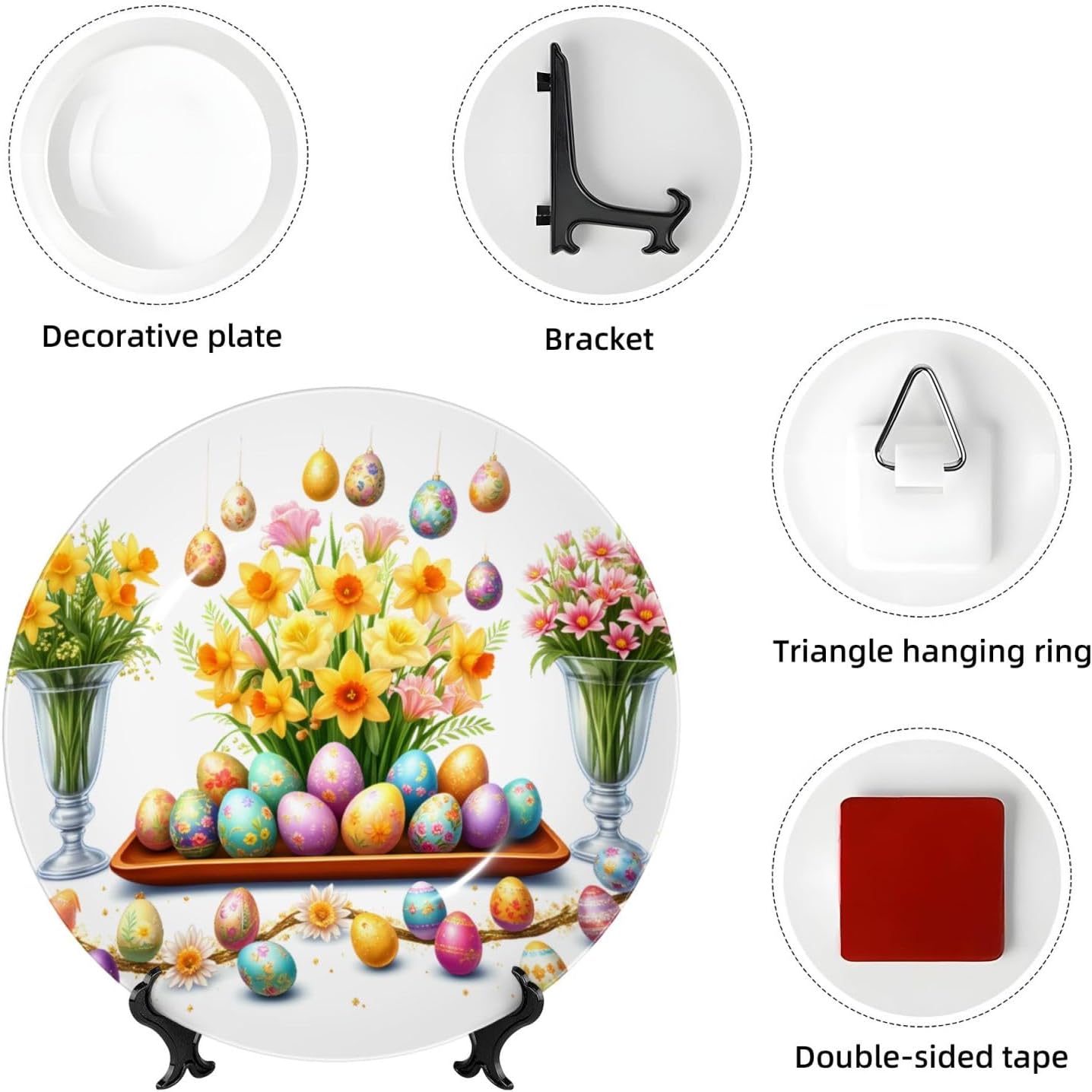Easter Egg Wreath Celebration Style Ceramic Plate Display Decorative Plate With Stand Wall Hanging Plate For Home Decor 10 Inch