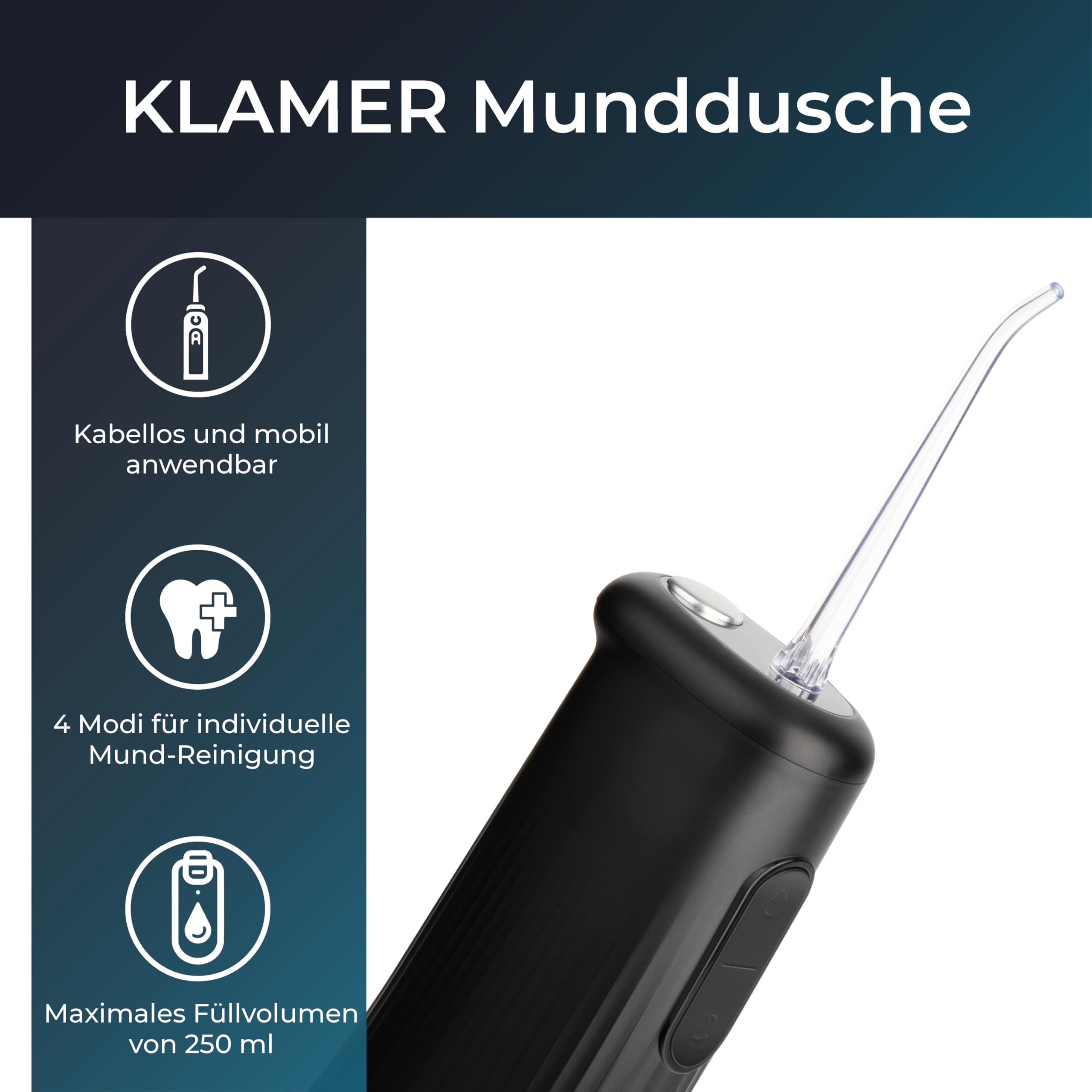 KLAMER Munddusche kabellos mit 4 Programmen, 2 Aufsätzen und 250 ml Tank | Water Flosser für Zahnspangen und empfindliches Zahnfleisch, entfernt Plaque zwischen Zähnen und unter dem Zahnfleischrand