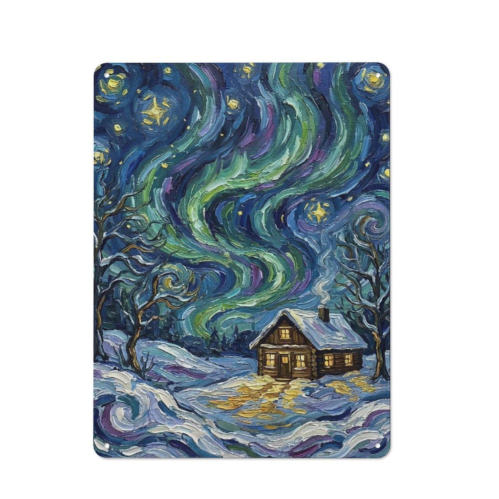 Junmoney Style-20 Winter Cabin Under Aurora Borealis Painting Retro Metal Sign 40X30cm For Café Or Restaurant, Gift For Restaurant Decor Fans During The Christmas Season