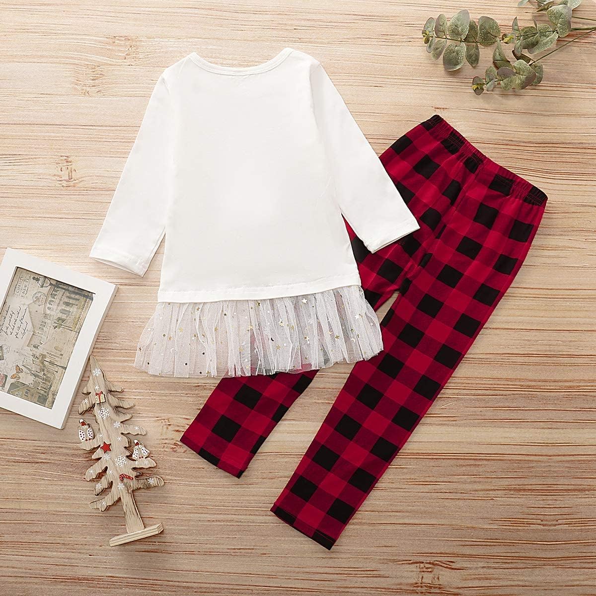 2-7T Little Kids Baby Girl Christmas Clothes Outfit Long Sleeve Reindeer Print Shirt Tops +Plaid Pants Sets