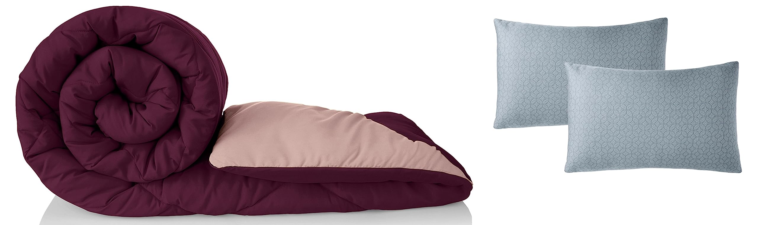 Amazon Brand - Solimo Microfibre Reversible Comforter, Single (Plum Purple and Moody Mauve, 200 GSM) Microfiber Bed Pillow Set (Grey, 43 x 69 cm) 2-Piece