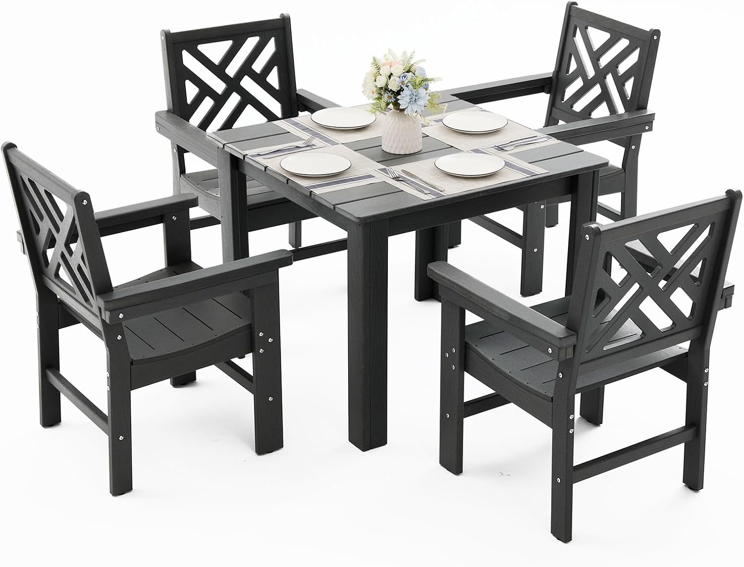 5 Piece HDPE Outdoor Dining Set for 4, Patio Dining Furniture Set with Square Table and Umbrella Hole, Outdoor Table and Chairs for Garden, Poolside, Backyard, Deck (Grey, 5 Piece Square Set)