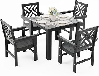 5 Piece HDPE Outdoor Dining Set for 4, Patio Dining Furniture Set with Square Table and Umbrella Hole, Outdoor Table and Chairs for Garden, Poolside, Backyard, Deck (Grey, 5 Piece Square Set)