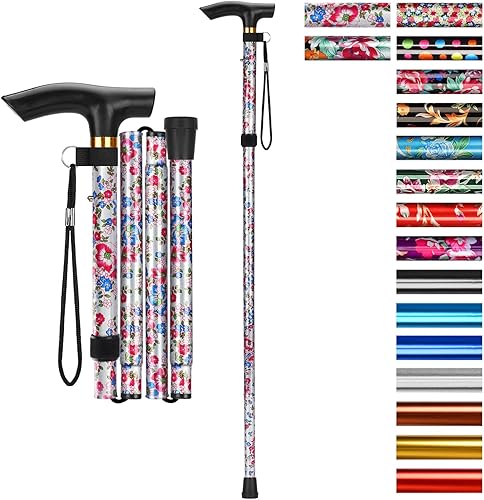 Miniatura 31 de SupreGear Bastón plegable, de viaje, portátil, 5 niveles de altura ajustable, ligero, con correa para la muñeca y mango en T, para personas mayores,