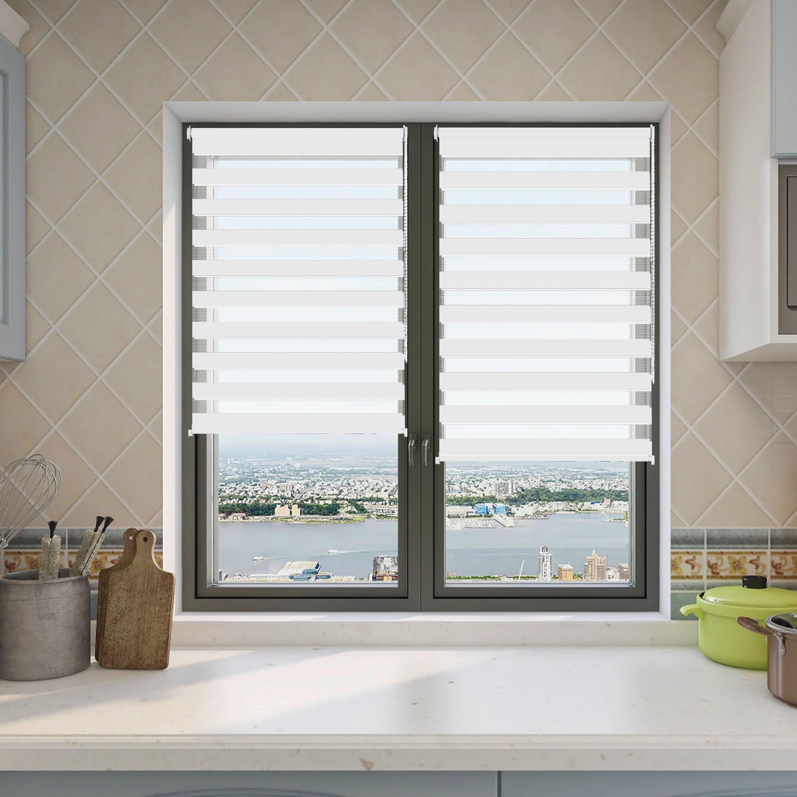 Store Jour Nuit sans Perçage 40 x 165 cm Tissu Double avec Ou sans Perçage Protection de Votre Vie Privée Rideau Stores Zébrés de Protection Solaire pour Chambre, Salon, Blanc