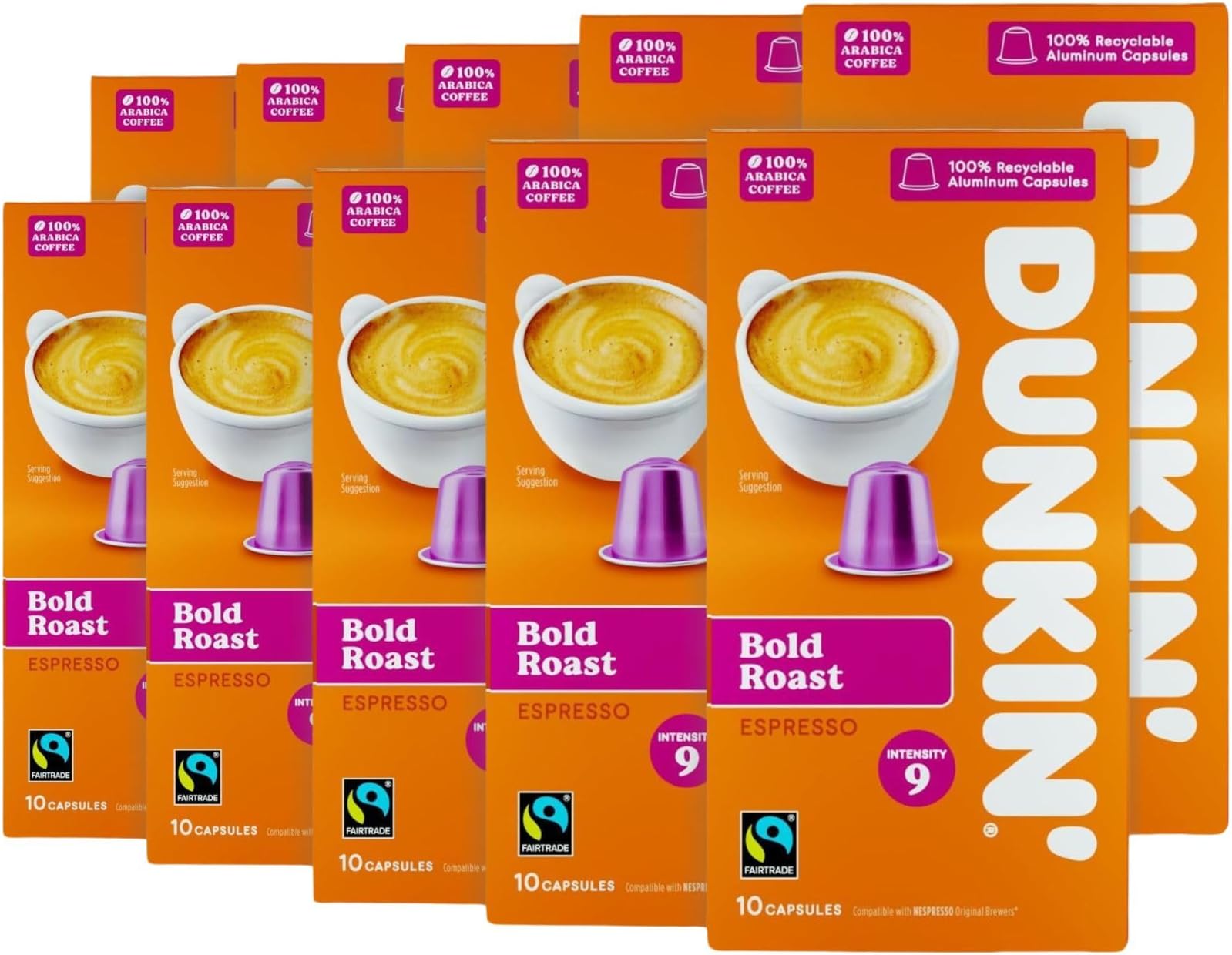 Dunkin’ - Bold Roast Espresso Coffee Pods - Nespresso Compatible Capsules - 10 Servings x 10 Packs