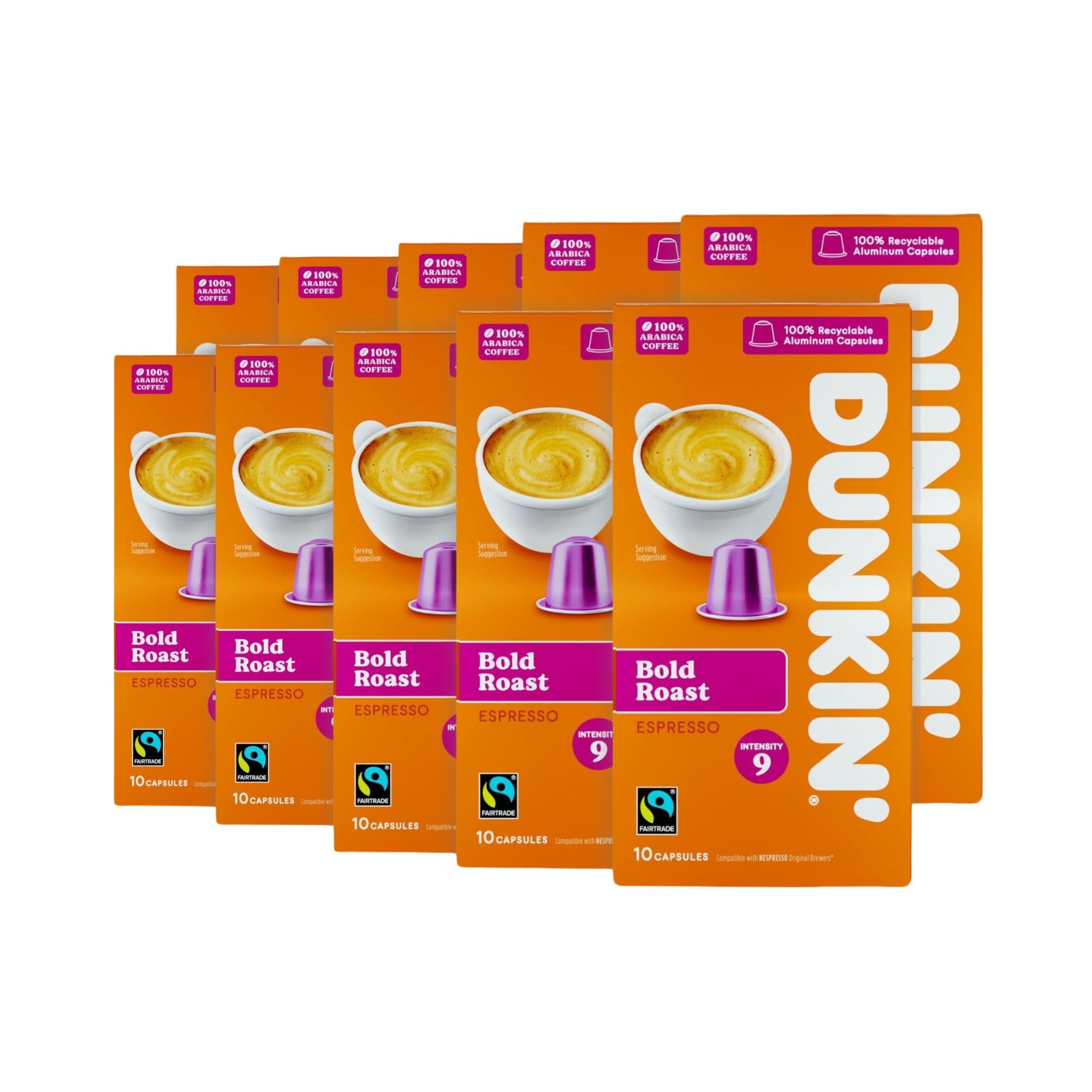 Dunkin’ - Bold Roast Espresso Coffee Pods - Nespresso Compatible Capsules - 10 Servings x 10 Packs