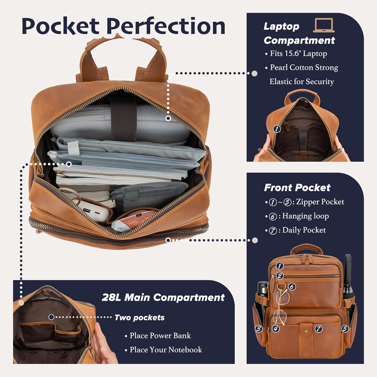 Leather Backpack for Men 15.6" Laptop Backpack 100% Madagascar top-Grain Leather Backpack Light Brown Large Size