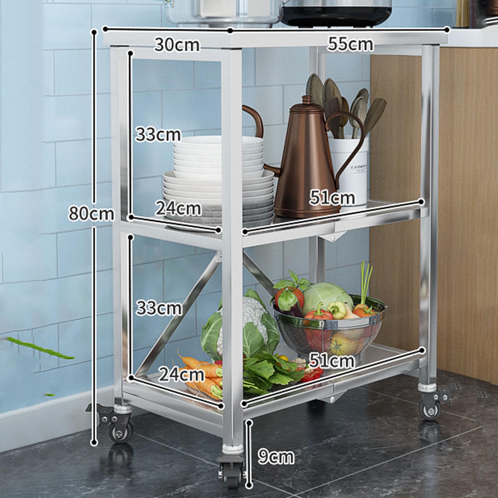 Carro De Acero Inoxidable con 3 Estantes, Carro De Cocina con Ruedas De Freno, Estante Plegable Y Rodante para Catering, Carro De Transporte para Cocina De Restaurante