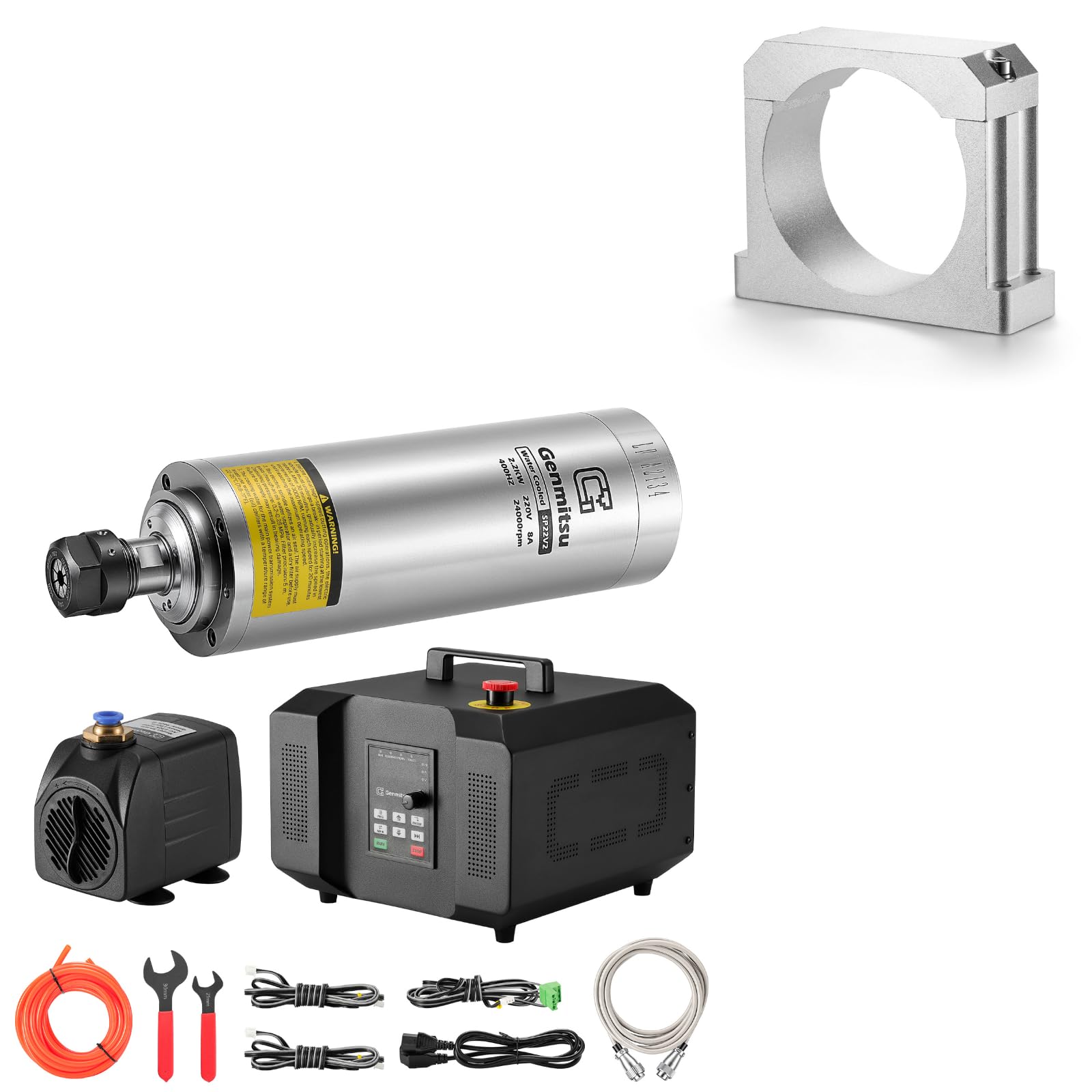 Genmitsu 2,2 kW CNC-Spindelmotor-Kit + Spindelmotorhalterung, 24.000 U/min, ER11-Spannzange mit vorverdrahtetem Frequenzumrichter und Pumpe für 4030V1/4030S/4030V2/2X2/4X4/6050