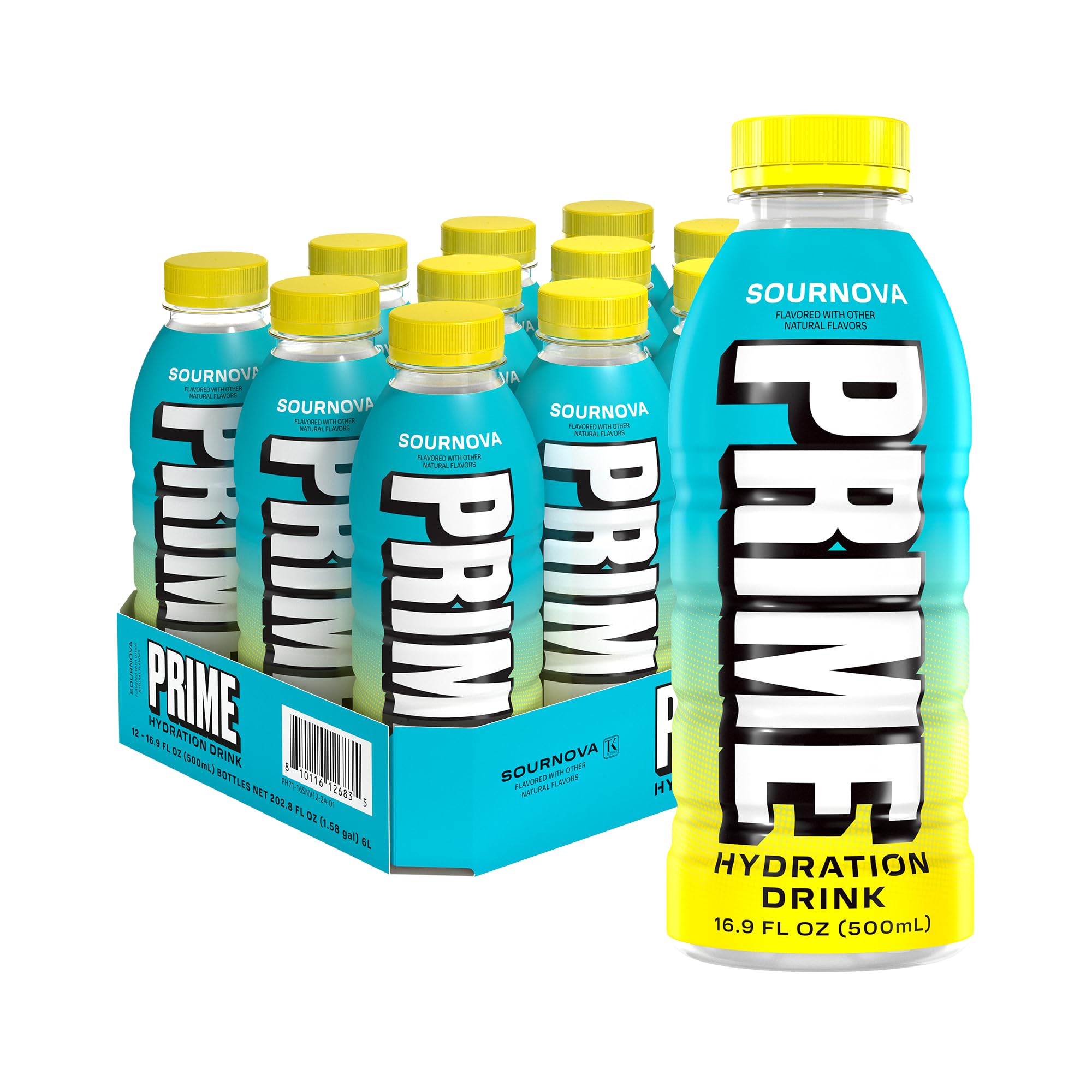 PRIME Hydration SOUR NOVA, Sports Drinks with Coconut Water, Electrolyte Enhanced to Replenish Fluids, Zero Added Sugar, B Vitamins, Antioxidants, Made with Natural Flavors, 16.9 Fl Oz 12 Pack