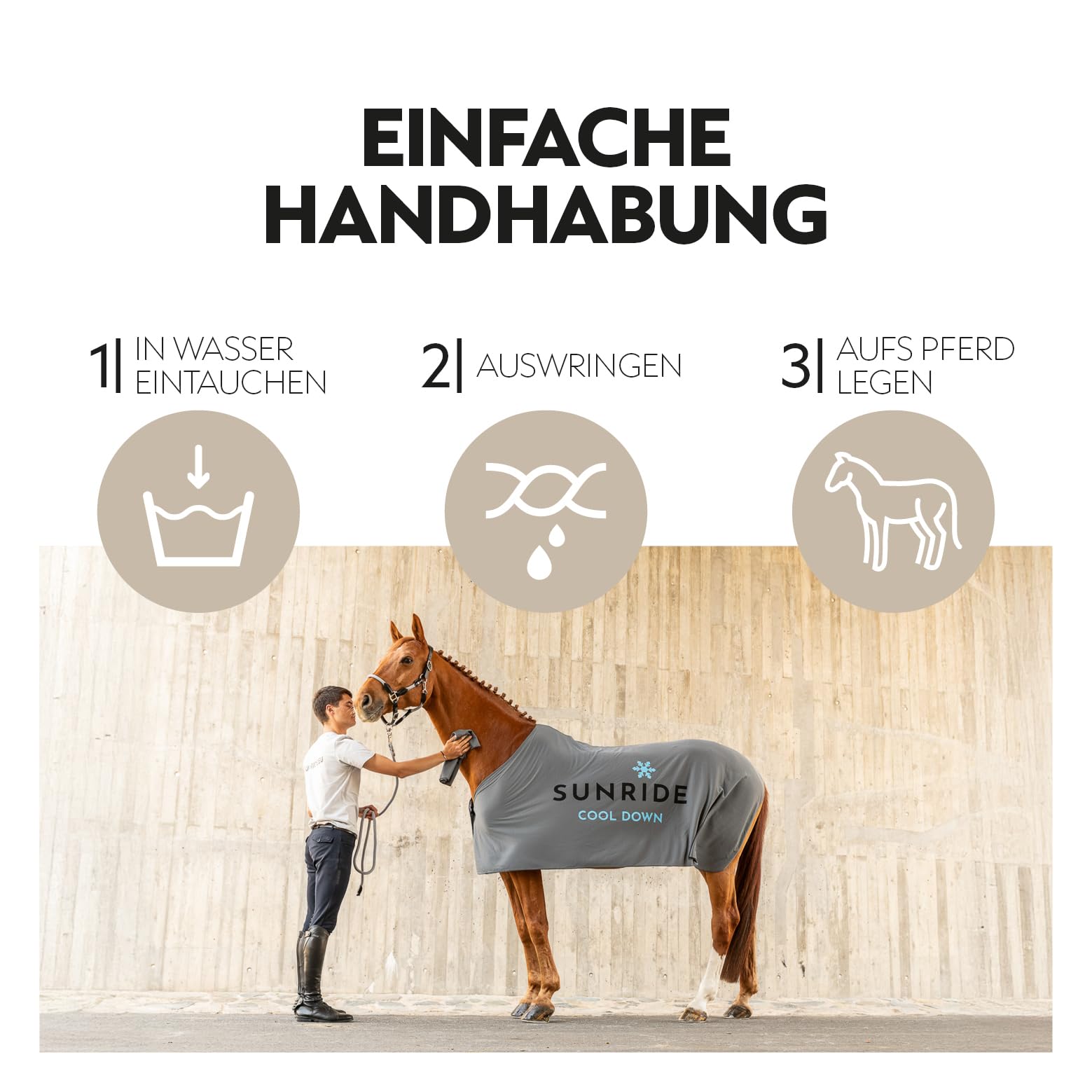 SUNRIDE Coperta rinfrescante per cavalli (Cool Down) (set da 3 pezzi) – con copricollo e panno – effetto rinfrescante immediato tramite raffreddamento evaporativo – sostenibile – grigio (145 cm)