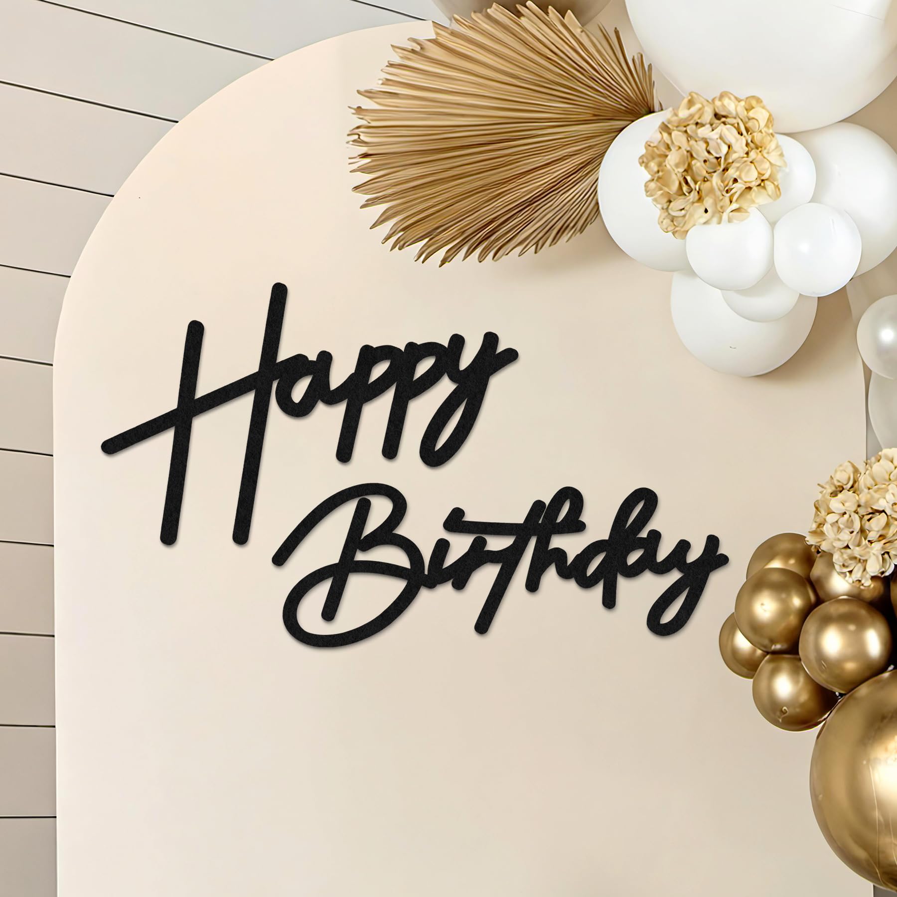 Black Felt Happy Birthday Sign, Reusable Felt Sign with Double-Sided Tape for Backdrop, Balloon Arch Decor, Party Supplies for Kids Girls Boys Adults Baby Shower (Black)