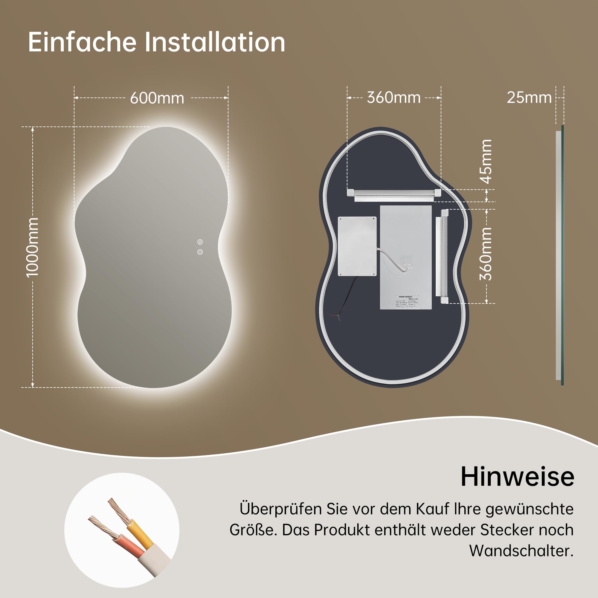 Badspiegel mit Beleuchtung Asymmetrischer LED Badspiegel 100 x 60 cm mit Touch-Schalter, Dimmbar 3 Lichtfarbe Einstellbare, Beschlagfrei Badezimmerspiegel mit Beleuchtung, Bruchsicher