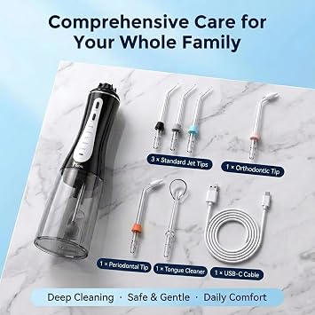 MOCEL Water Dental Flosser Oral Irrigator with 5 Modes, 350ml Cordless Water Teeth Cleaner Pick 6 Tips, IPX7 Waterproof Rechargeable Portable Powerful Battery for Travel & Home Braces & Bridges Care